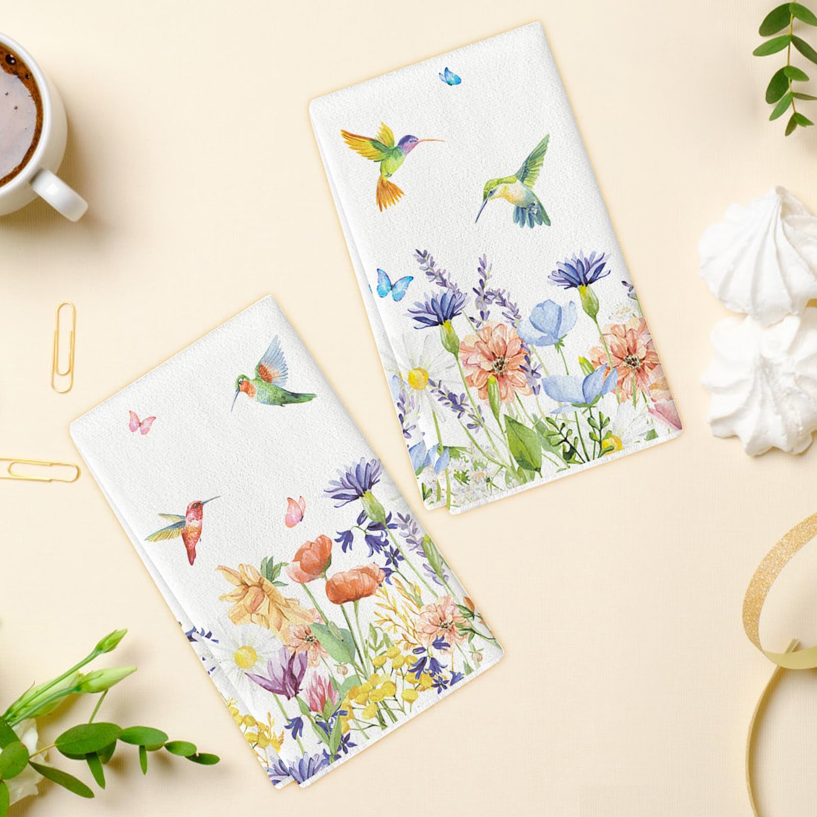 Set De 2 Torchons Cuisine Printaniers - Motifs Fleurs & Papillons - Microfibre Très Absorbante - 40x59 Cm