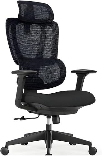 Miniatura 3 de Silla de oficina ergonómica de malla con respaldo alto, reposacabezas ajustable, cómodo soporte lumbar, asiento transpirable negro, base rodante