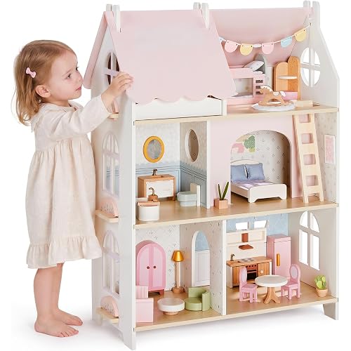 Giant bean Cloud Cottage Wooden Dollhouse for Girls – 3-Story 6 Rooms Modern Scandinavian Doll House with 36PCS Furniture Set, Cute Pink Pretend Play House Toy Gift for Toddlers & Kids Ages 3+
