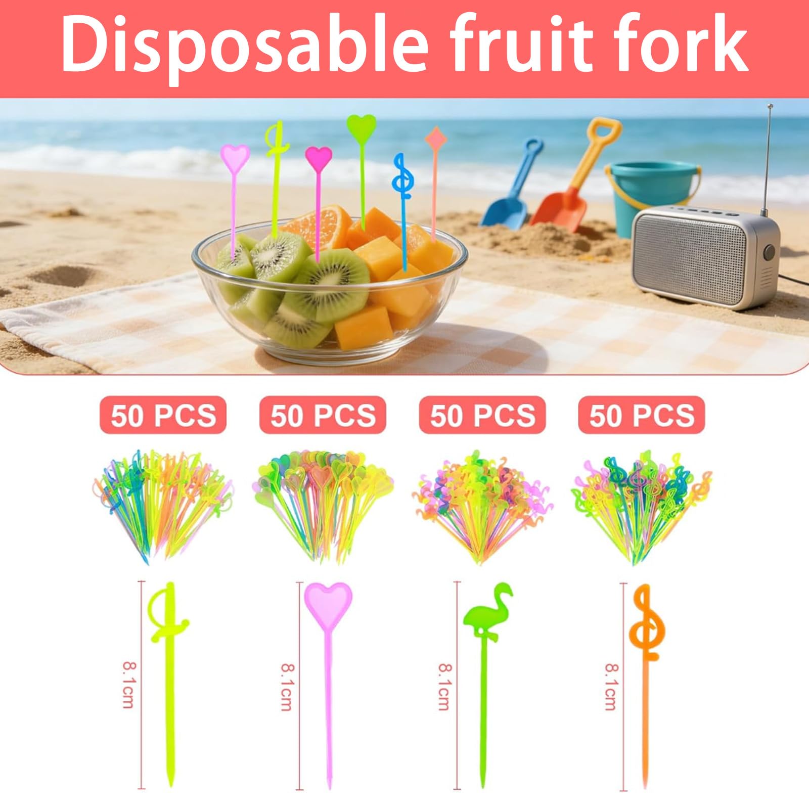 200 Brochettes à Fruits Réutilisables en Plastique sans BPA, Fourchettes Mini Enfant avec Motifs Cœur Note Musicale Flamant Épée, Piques Apéritifs Cocktail pour Soirée Barbecue Réunion Familiale