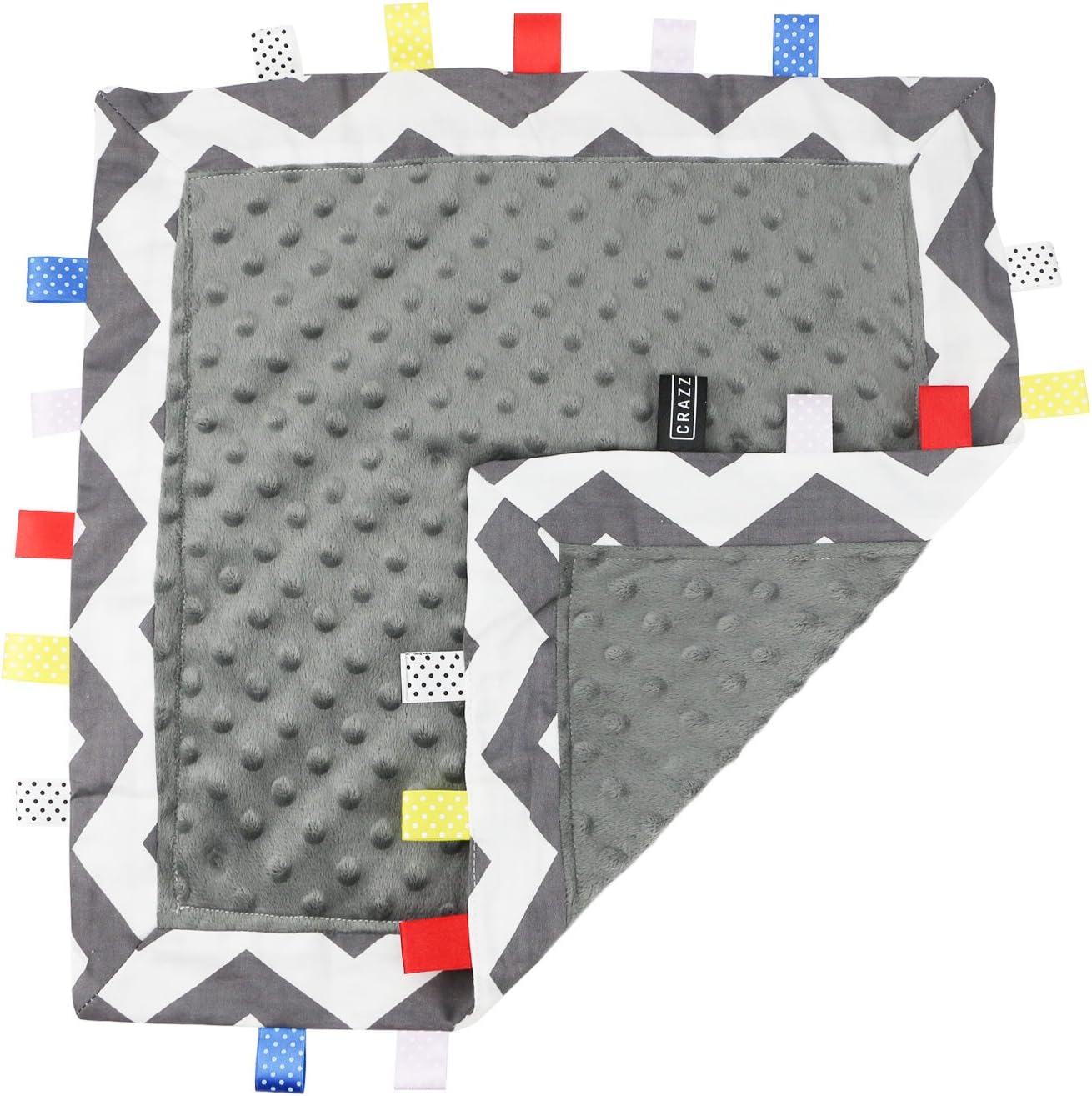 TAGZ Taggies Blanket for Infant by CRAZZIE (Grey Zigzag with Grey Dot-Minky)