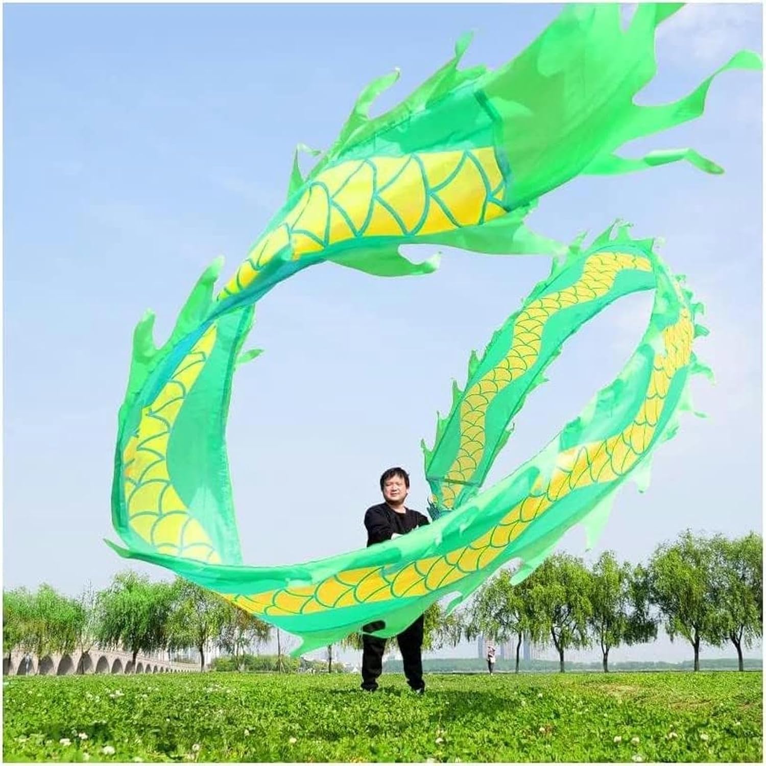 Chinese Dragon Dance Traditional Dragon Dance Ribbon Outdoor Flinging Fitness Dragon Dance Wu Long 3D Dragon Ribbon Streamer with Hand Stick Interesting