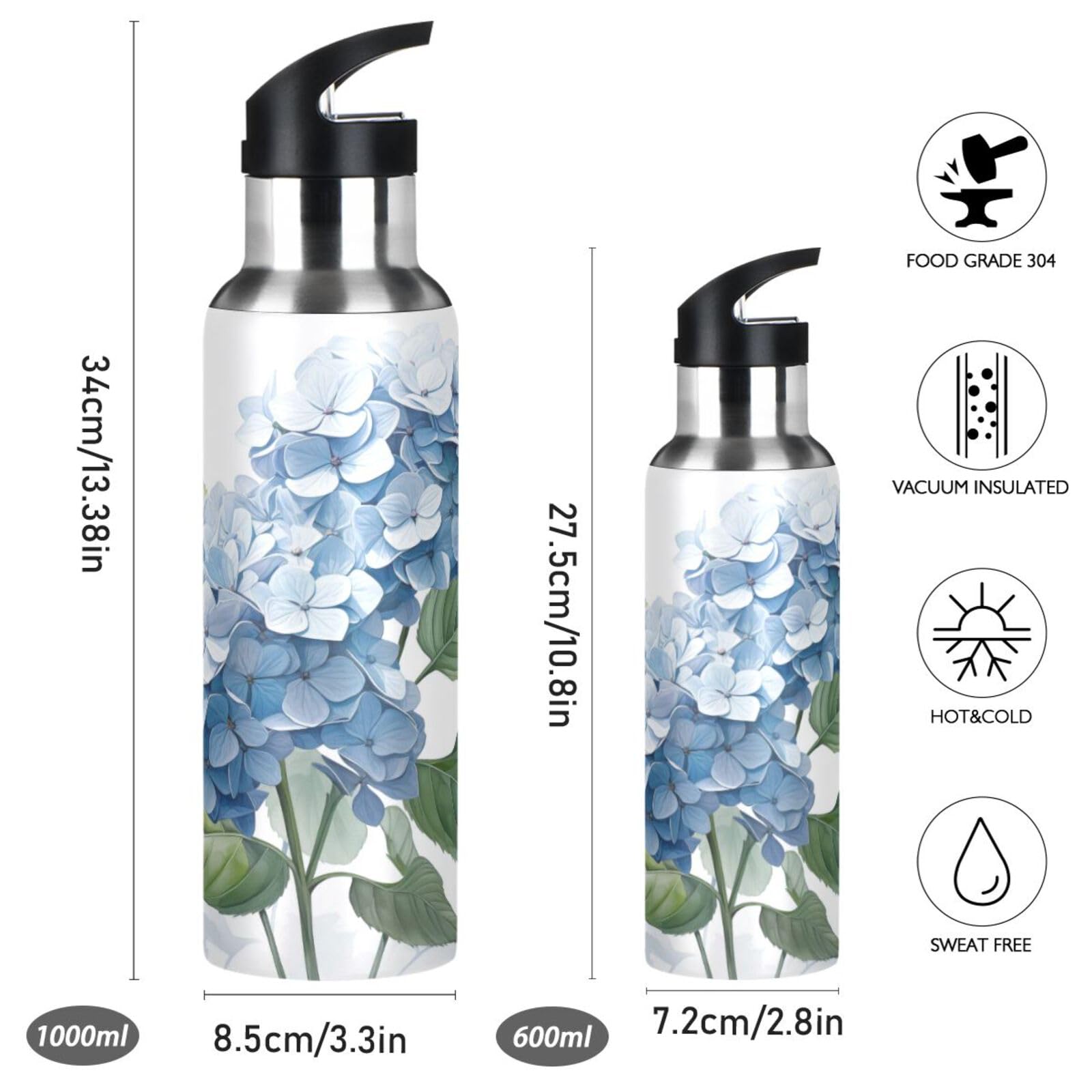 ALAZA Hydrangea Flowers Wasserflasche mit Strohhalm-Deckel, vakuumisolierte Edelstahl-Thermoflasche, 900 ml