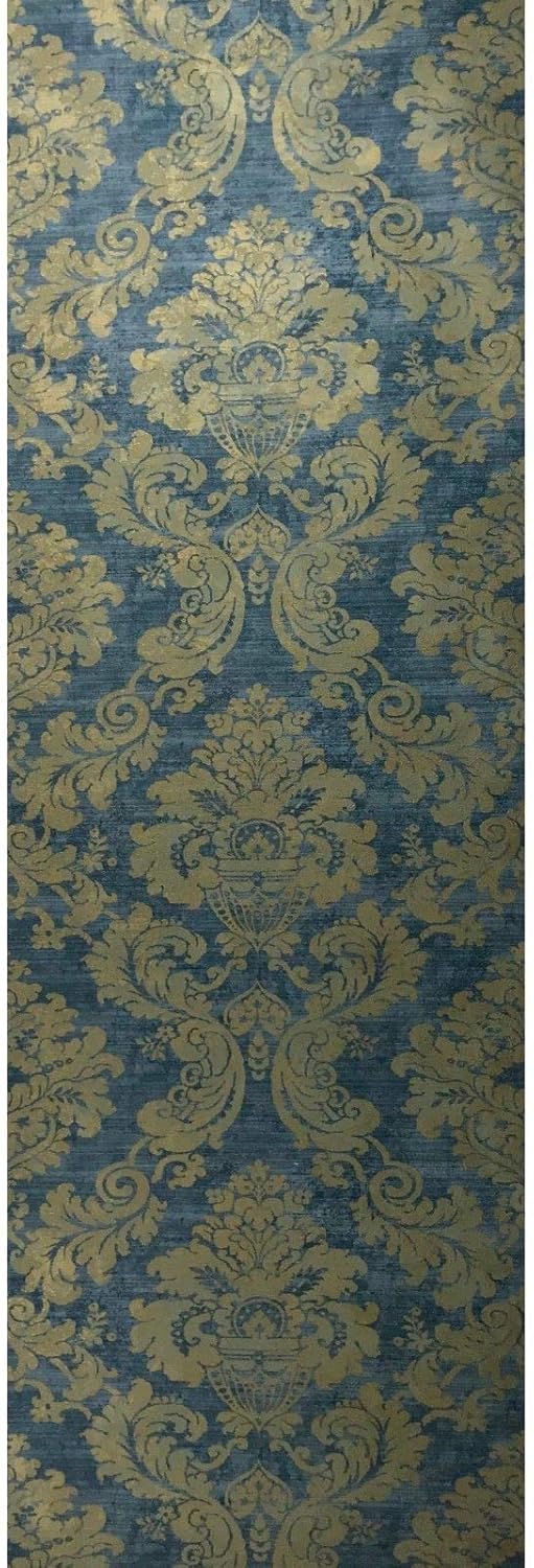 Wallpaper Blue Yellow Gold Metallic Rustic Damask Textured roll 3D