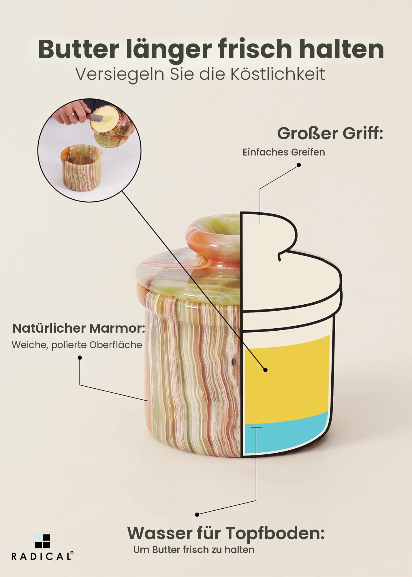 Radicaln Marmor-Butterbehälter, 10,8 cm, grüner Onyx, handgefertigt, Butteraufbewahrungsbehälter, französische Butterdose für Küchenarbeitsplatte und Buttertopf für Theke mit Wasser