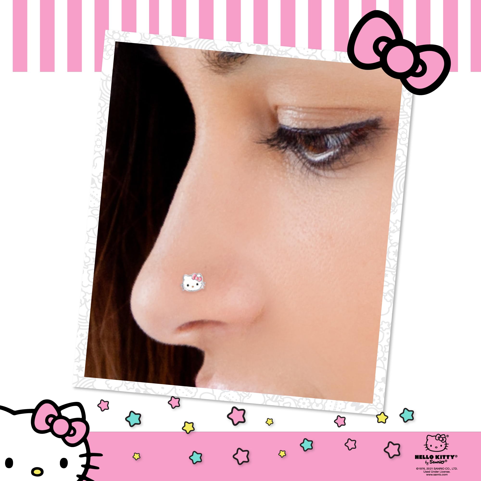 Hello Kitty Nasenringe, 20 g, Edelstahl, Kawaii, niedlich, 316L, gerader Knochen, offizielles Lizenzprodukt von Sanrio