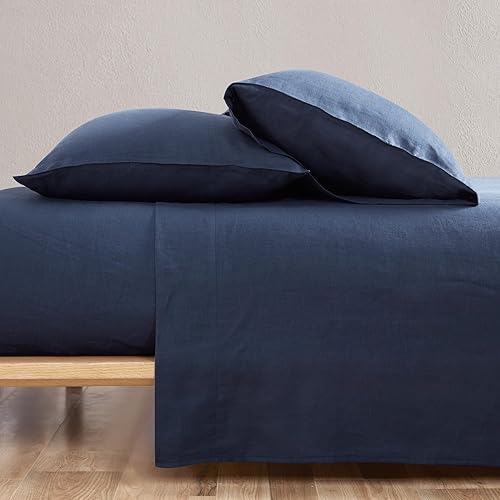 Miniatura 3 de DAPU Fundas de almohada 100% lino francés de 2 fundas de almohada tamaño Queen lavadas a la piedra, ultrasuaves, transpirables y duraderas (azul