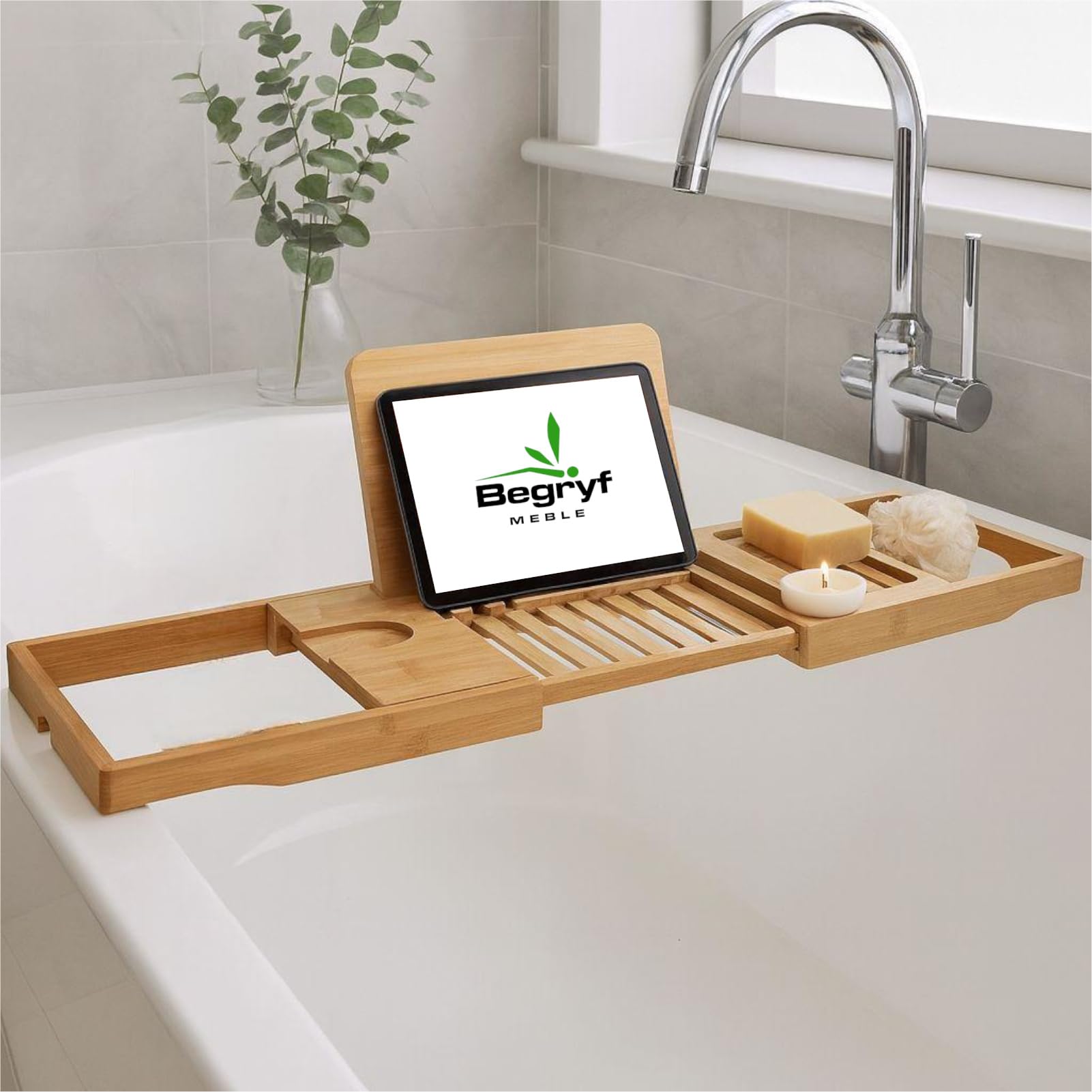 Badewannenablage 70-104 x 23,5 x 4 cm, ausziehbares Badewannenregal aus Bambus, Badewannenbrett mit Buchstütze und Ablagefächern, Natur