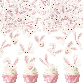 40Pcs Edible Easter Rabbit Head Cupcake Toppers Edible Pink White Bunny Ears Cupcake Picks Drink Topper for Easter Day Baby Shower Rabbit Boys Girls Birthday Wedding Cupcake Decorations