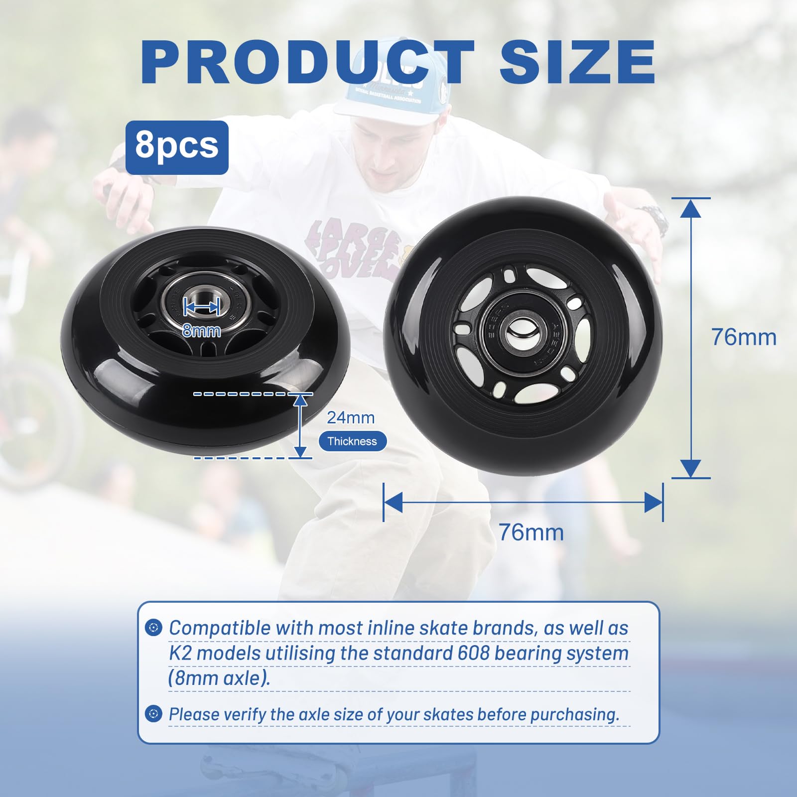 LALAGO Roues de Rollers en Ligne 76mm, Lot de 8 Roues de Patins à Roulettes de Rechange Avec Roulements ABEC 9, 88AHRPU, pour K2 Hudora Gonex Apollo