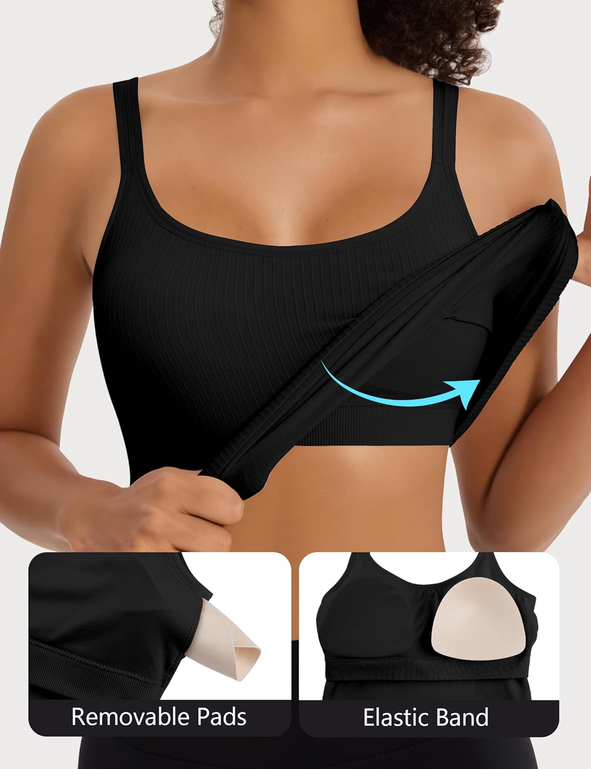 2 Pack Womens Workout Tank Tops with Built in Bra U Back Seamless Ribbed Athletic Yoga Gym Crop Top Camisole