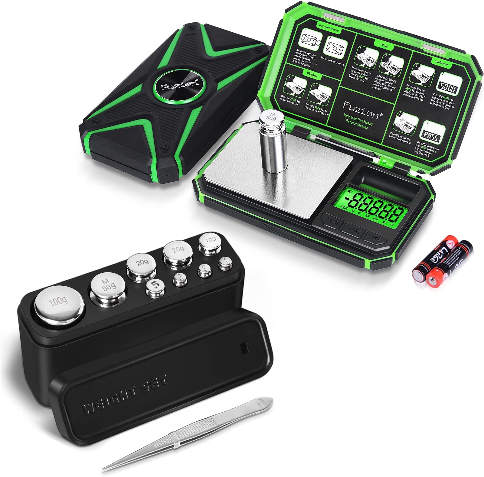 Fuzion TU-X Digital Pocket Scale, 200g/0.01g Digital Gram Scale + Stainless Steel Calibration Weight Kit 1g 2g 5g 10g 20g 50g 100g