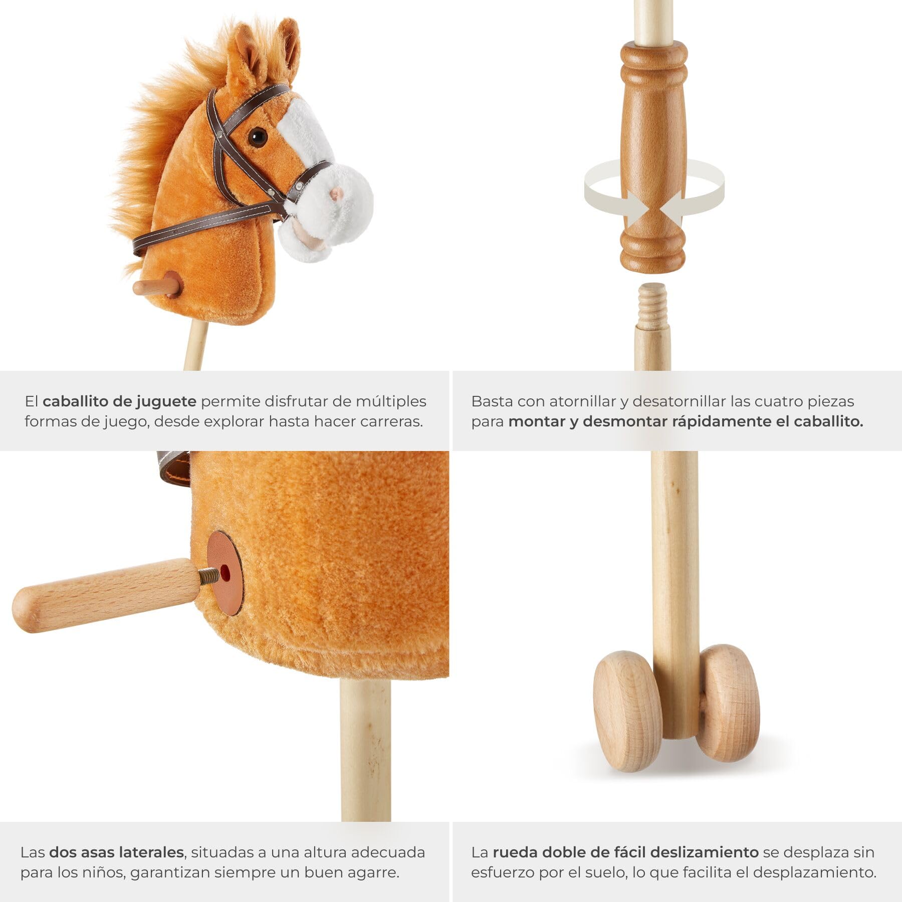 tectake® Caballito de Juguete Infantil de Peluche con Asas, Caballo de Palo de Madera, Juguetes de Madera, Desarrollo Motriz y Equilibrio, Caballo Juguete para Hobby - Marrón