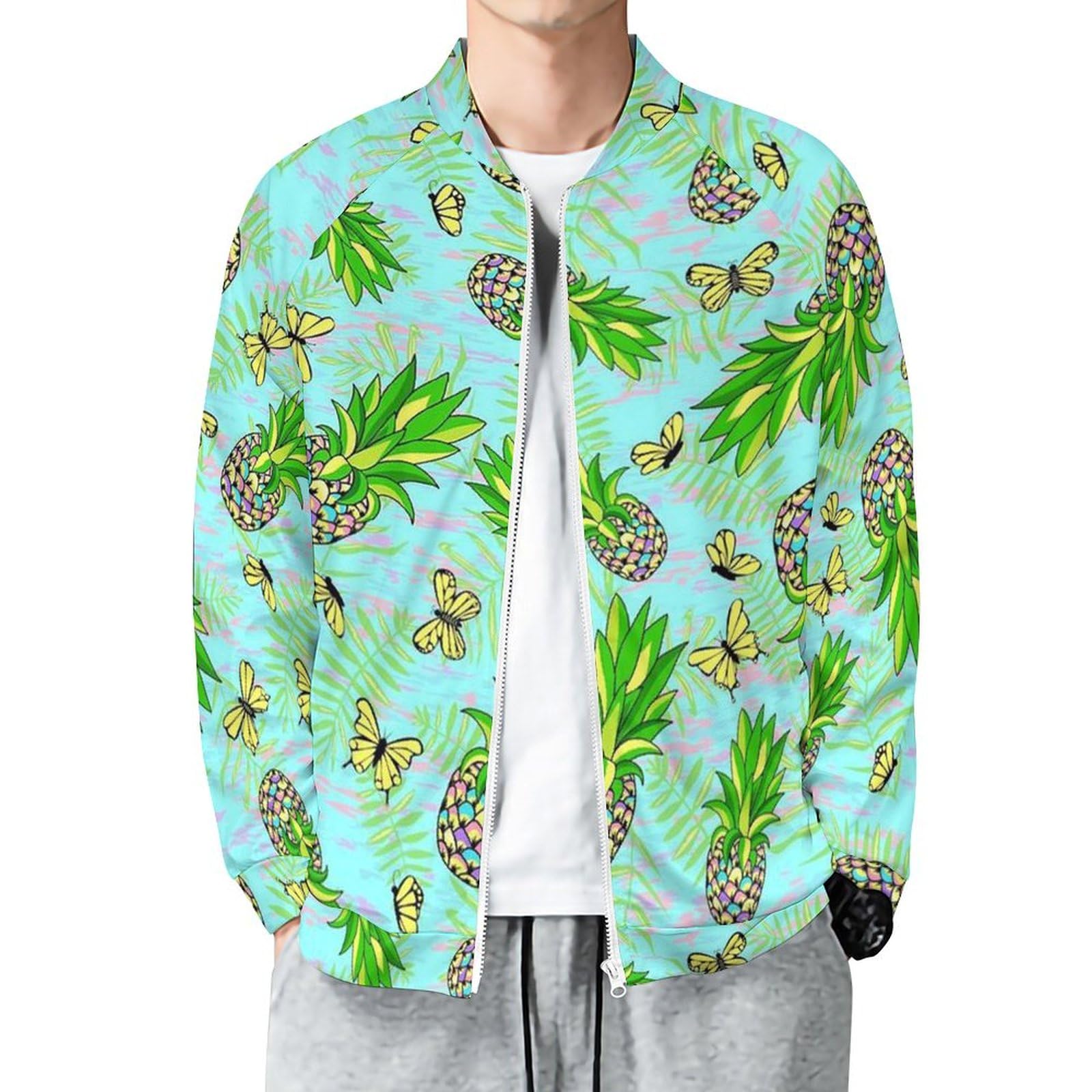 Jacket For Men Pineapple Long Sleeve Bomber Jackets Stand Collar Zip Up Varsity Jacket Lightweight Outerwear Tops