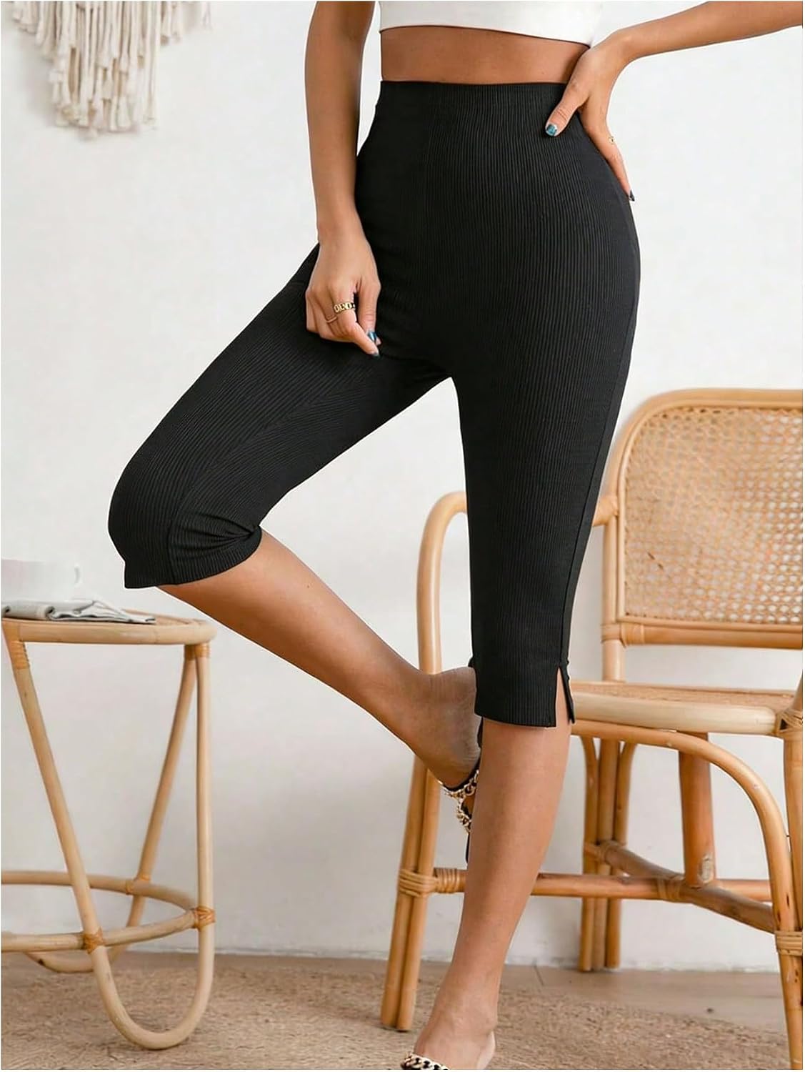 SHENHE Women's Plus Size High Waisted Capri Leggings Split Hem Skinny Stretchy Cropped Pants