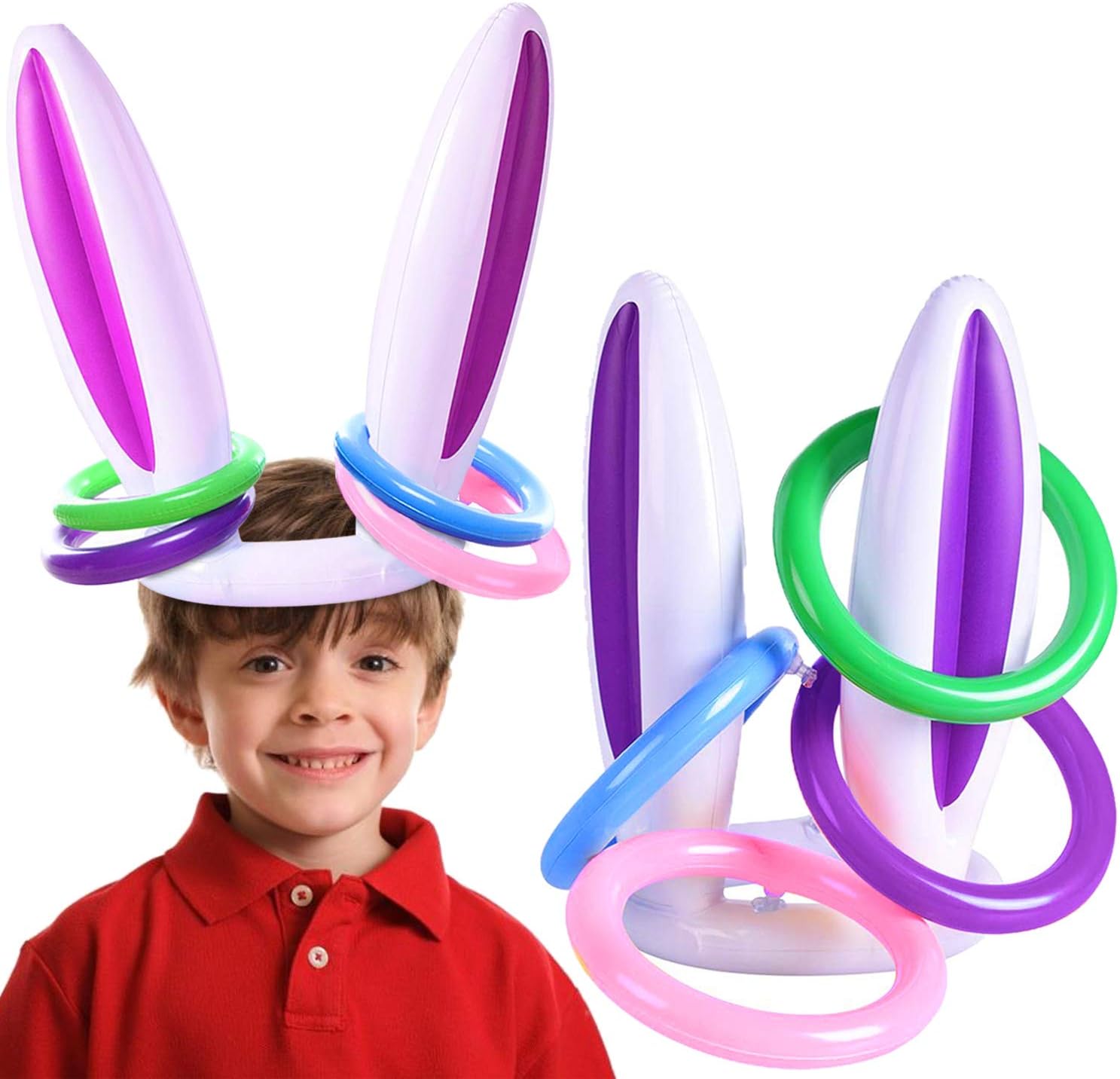 2 Pack Inflatable Bunny Rabbit Ears Ring Toss Games for Kids Family Easter Inflatable Toss Game Toys for Carnival Indoor Outdoor Game Easter Party Supplies Easter Activities (2 Rabbit Ears 8 Rings)
