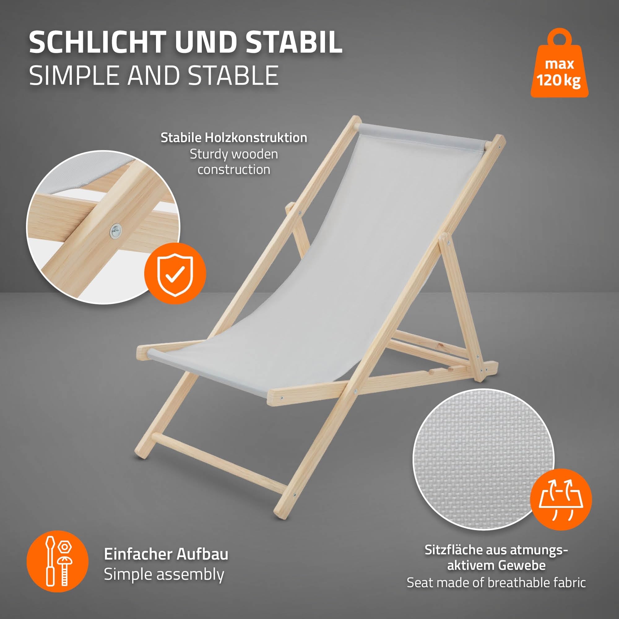 ECD Germany 10x Sedie a Sdraio Pieghevole in Legno con Tessuto Traspirante Grigio Chiaro Schienale Reclinabile in 3 Posizioni, Lettino Relax con Portata 120 kg per Spiaggia, Giardino e Terrazza