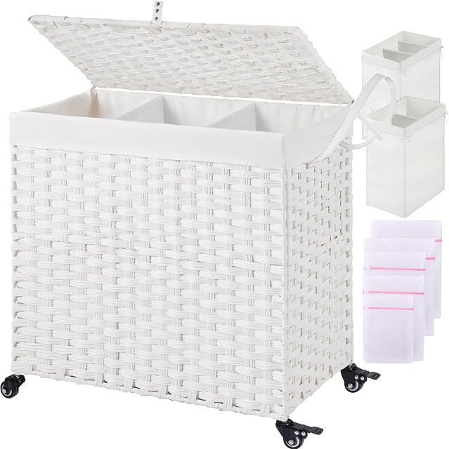 Greenstell Laundry Basket with Wheels, 2 Removable Liner Bags & 5 Mesh Laundry Bag, 3 Sections Divided Hampers Handwoven Synthetic Rattan Laundry Hamper with Lid and Handles, Easy to Install White