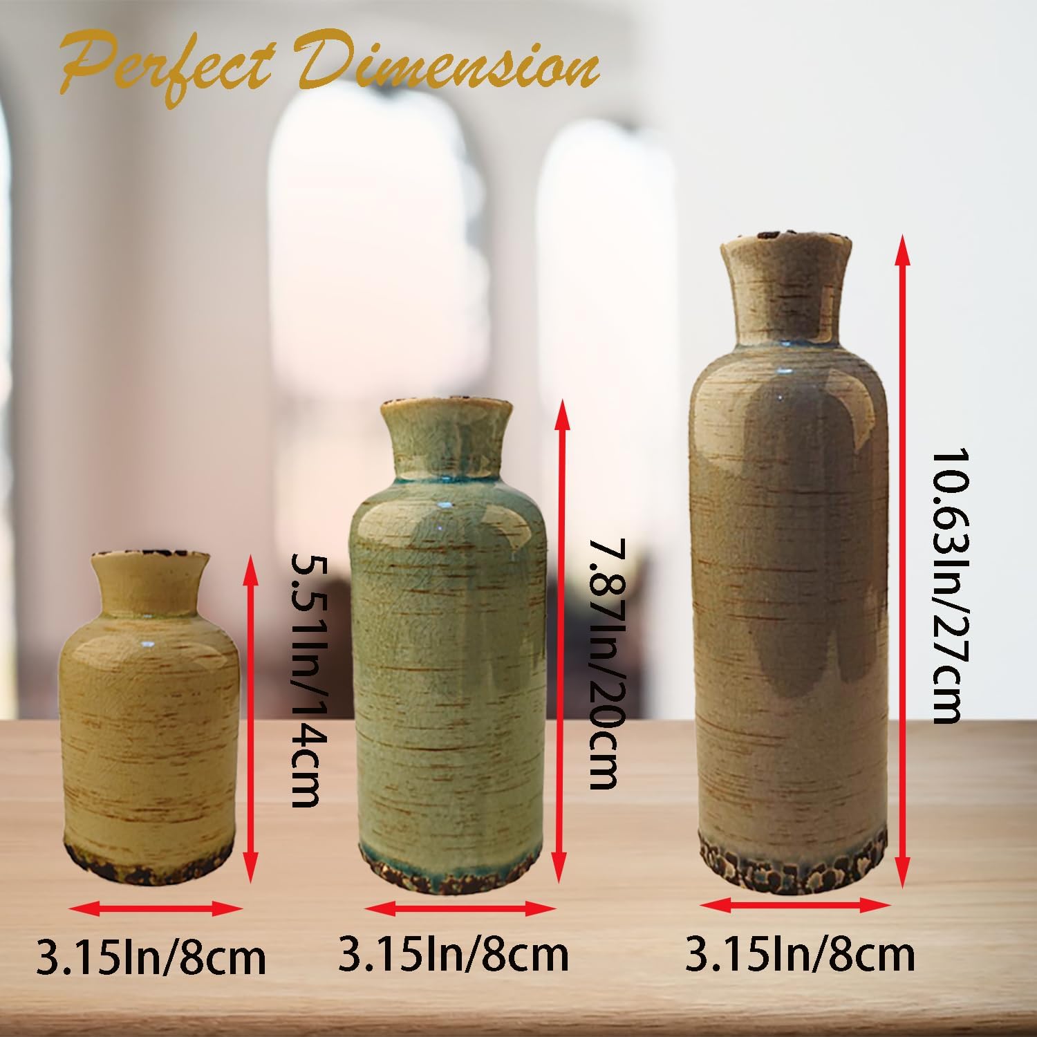 Rustic Ceramic Vase Set of 3– Vintage Decorative Floral Bottles for Home Decor, Farmhouse Centerpieces, Shelf Decorations – Perfect for Living Room, Kitchen, Bedroom, Weddings & Gifts