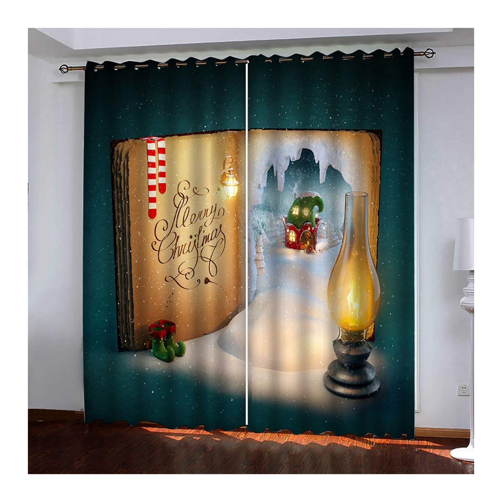 Daesar Tenda Termica Isolante Oscurante 2 Pannelli, Tenda per Salotto Moderno Prenota Tema Natalizio con Lampada A Olio Tenda Finestra Verde Marrone Tenda Oscurante Isolante 137x214CM