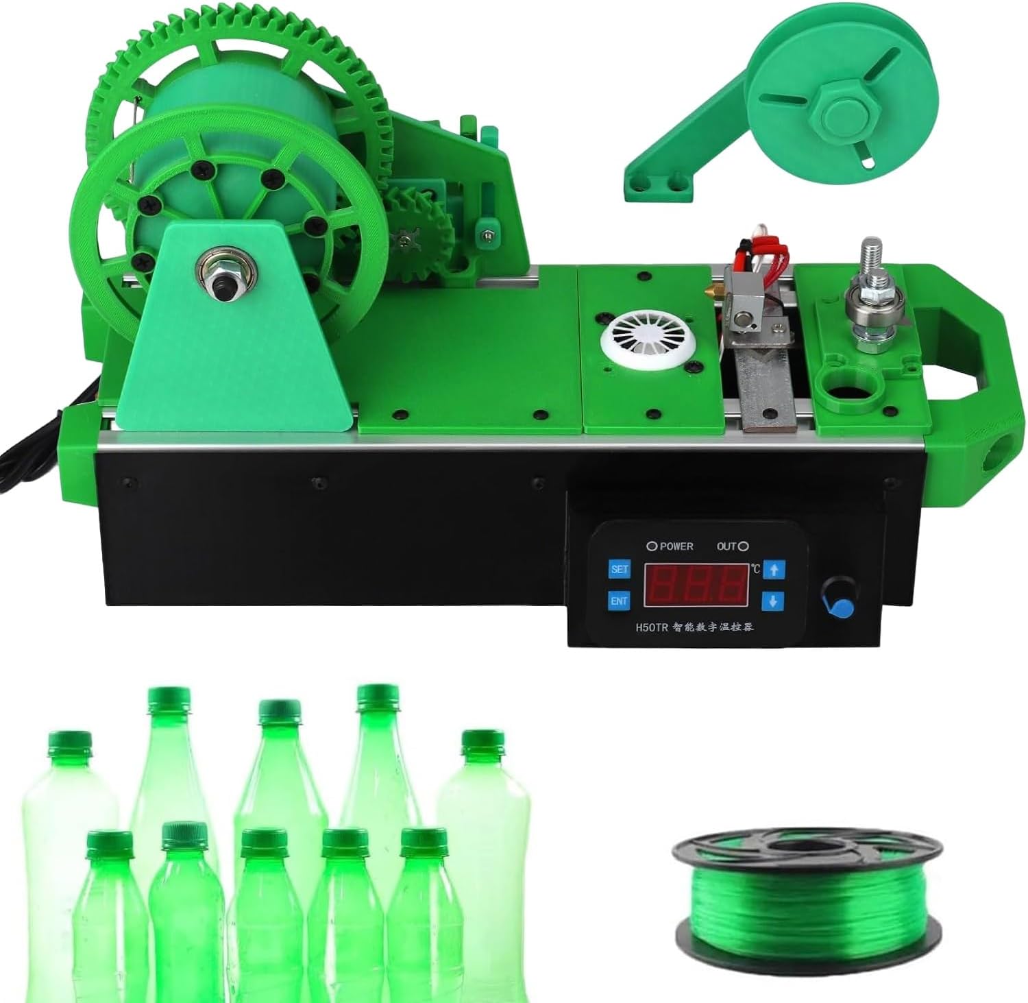 Desktop 3D Printer Filament Extruder Machine, Convert PET Plastic Bottles Into 1.75mm Filament for 3D Printing, Digital Display with Adjustable Temperature and Speed Control(Green)
