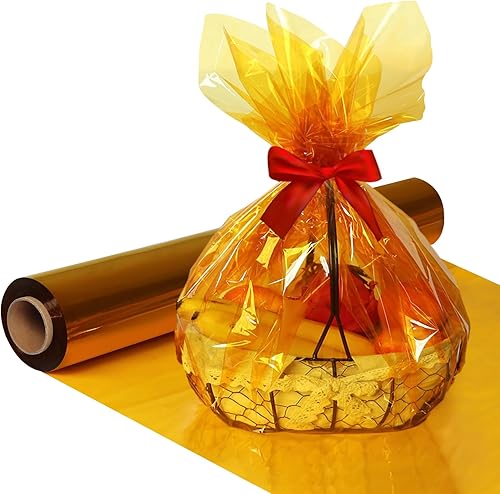 SYOGUA Rollo de celofán dorado de 34 pulgadas x 100 pies, rollo de celofán dorado transparente, papel de celofán de Halloween, plástico de envoltura