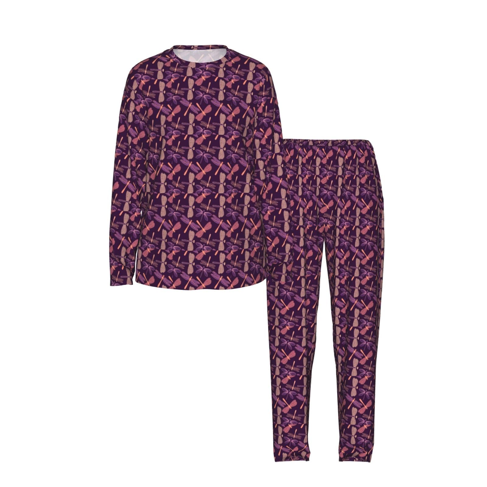 Viola Libellula Stampa Delle Donne Manica Lunga Pigiama Corrispondente Morbido Elastico Coulisse Casual Daywear