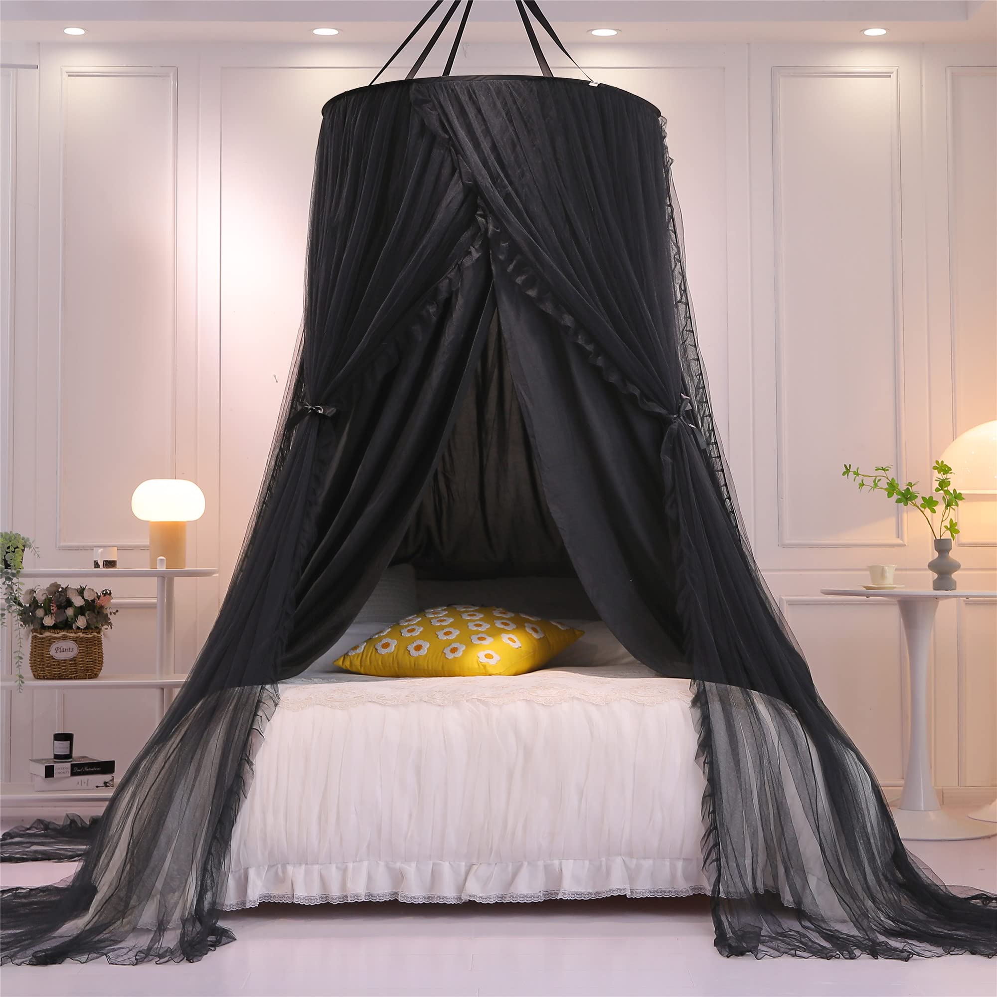 Doppelschicht Prinzessin Runde Kuppel Baldachin Bett Vorhang für Mädchen Erwachsene Kinder verträumte Moskitonetz Nette Schlafzimmer Dekoration Schloss Spielen Zelt Leseecke (Schwarz/Schwarz)