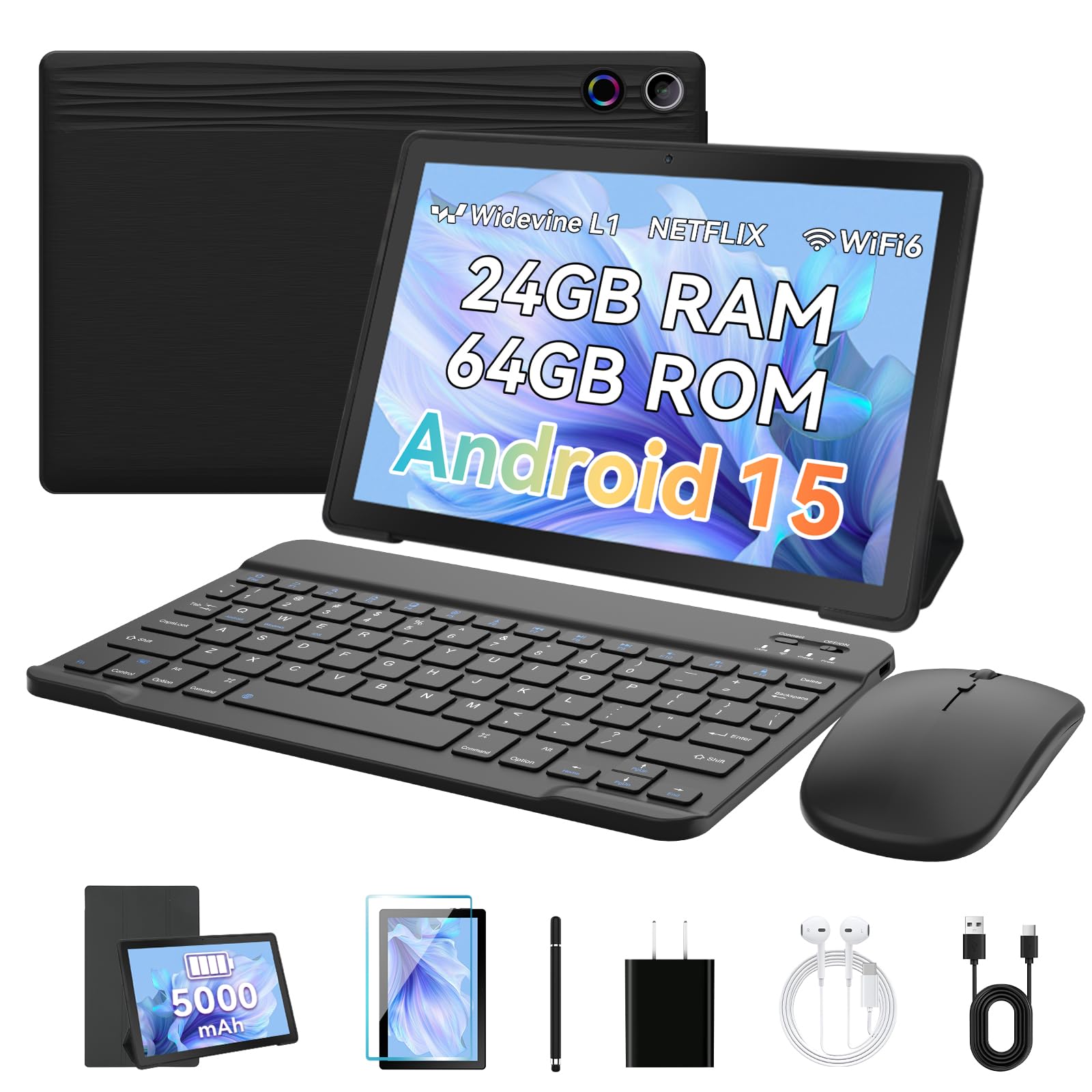 Tablets 10 inch Tablet Android 15,Octa-Core Processor,24GB RAM 64GB ROM 1TB Expand,5G WiFi 6,1280 x 800 HD/Dual 5MP+8MP Camere,Android Tablet with Keyboard+ Mouse + Case Black