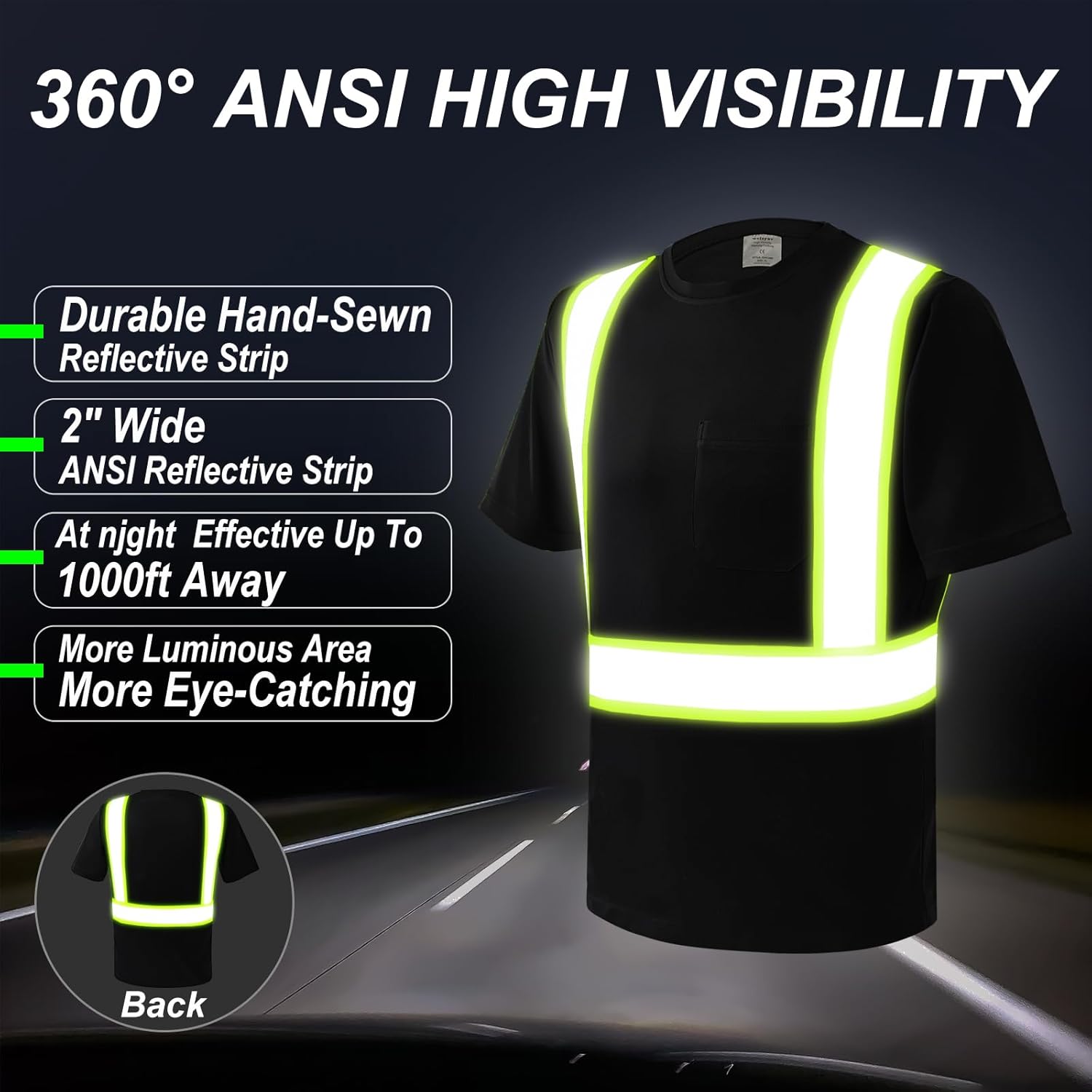 wefeyuv Hi Vis Shirts for Men Quick Dry Safety T Shirts with Pocket and 3 Reflective Strips Short Sleeve Mesh High Visibility Construction Work Class 2 Shirt for Men/Women Black XL - Image 3