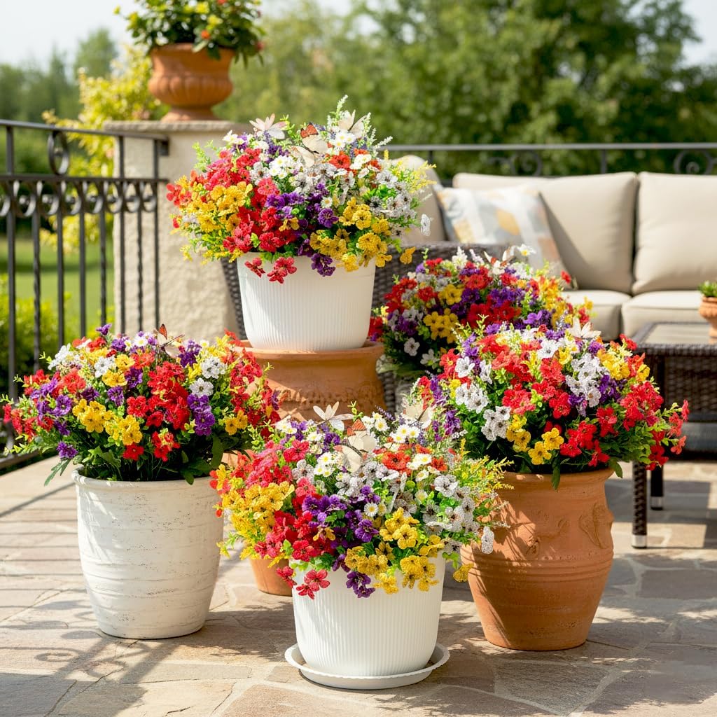 24 Bundles Artificial Flowers for Outdoor, UV Resistant Faux Flowers with 12 Butterflies, Fake Daisy Lavender Eucalyptus Plants for Window Box Garden Porch Patio Decor, Mixed Colors