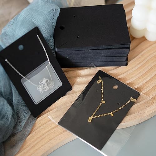 Miniatura 6 de Temlum 100 tarjetas de exhibición de joyas con 100 bolsas adhesivas y bolsas transparentes, soportes para tarjetas de collar y aretes para vender