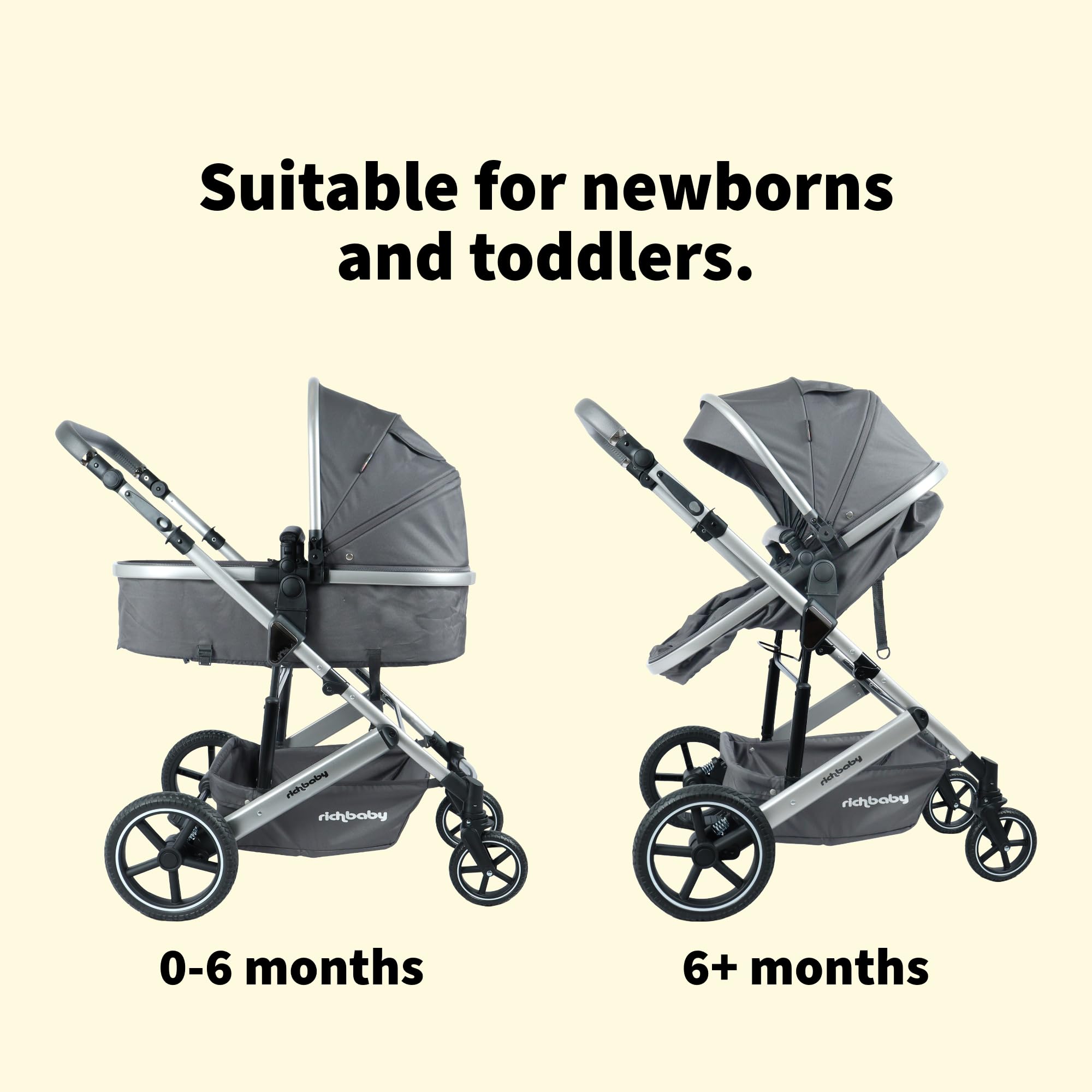 RichBaby Carrozzina Cruise – Pieghevole con una sola mano, reversibile, sospensione a tutte le ruote, telaio ammortizzante, cappuccio estensibile, nascita fino a 15 kg (3 anni), grigio
