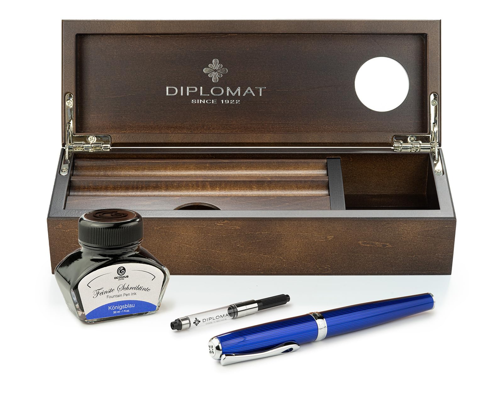 Diplomat Excellence A2 Füllhalter-Set Skyline Blau, Holzbox Wenge | Mit Edelstahlfeder M, 30 ml Octopus Tinte Königsblau, Konverter und Holzschatulle aus Wengeholz als Stifteetui