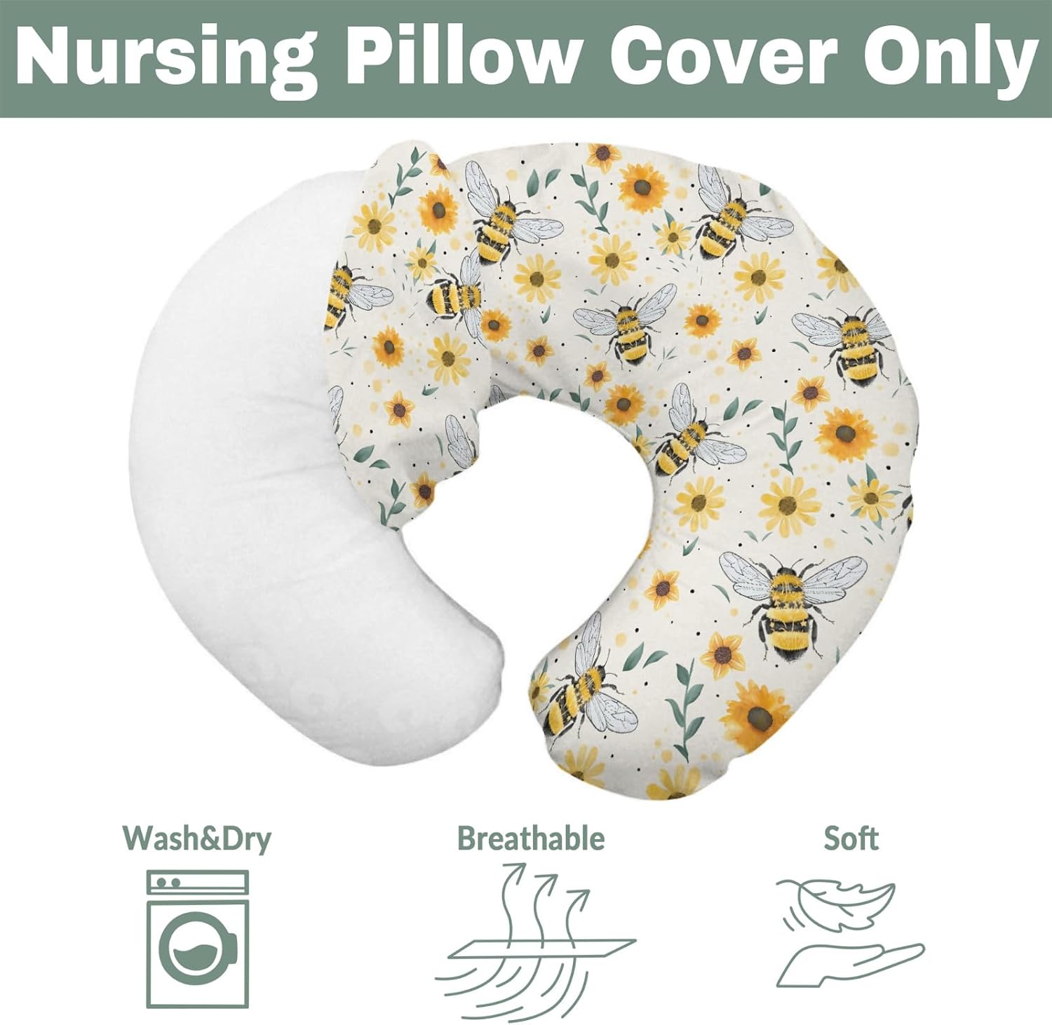 Boho Bees Sunflowers Baby Nursing Pillow Covers for Boy Girl Watercolor Bee Yellow Floral Nursing Pillowcase for Breastfeeding Pillows Spring Summer Soft Stretchy Slipcovers for Newborn Infant