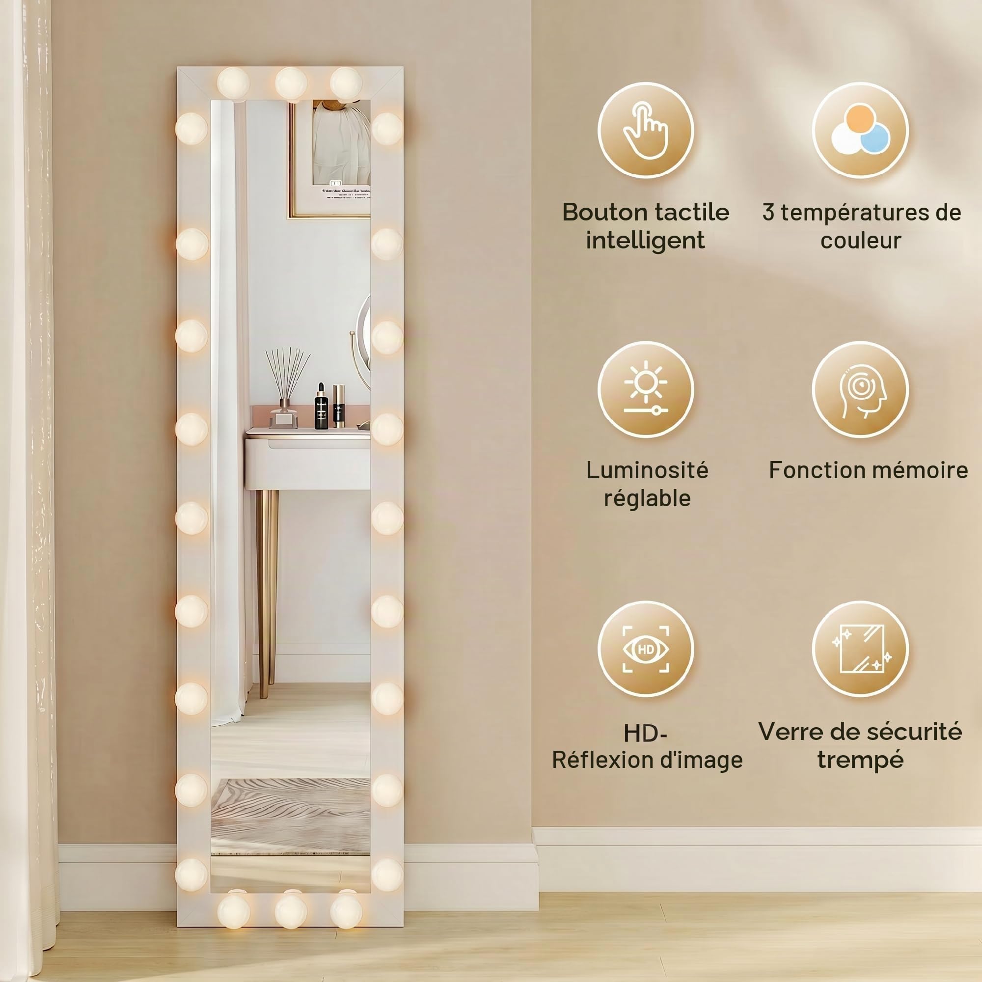 HOMCOM Miroir sur pied LED sur toute la longueur, 150 x 40 cm, avec 24 ampoules, 3 couleurs de lumière, à intensité variable, avec interrupteur tactile, fonction mémoire, miroir inclinable, pour
