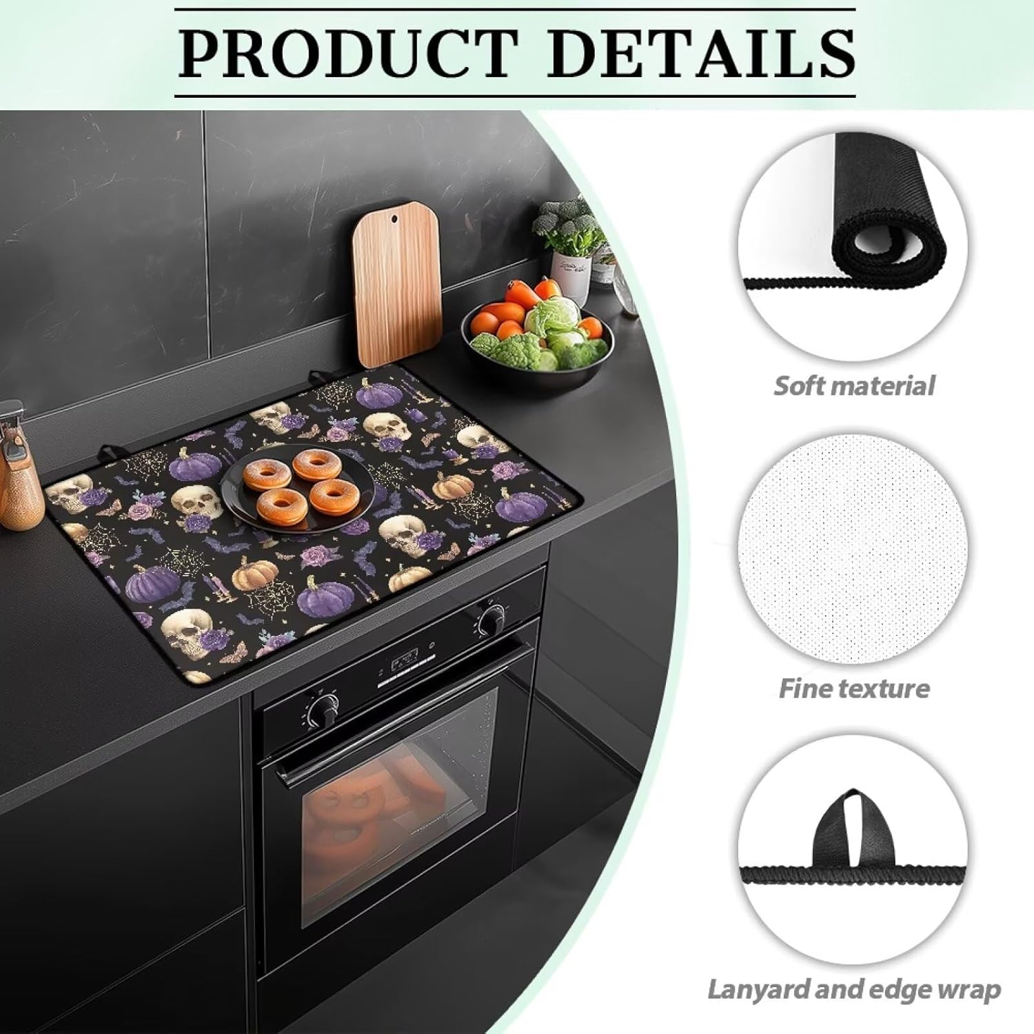 Skull Pumpkin Stove Cover for Electric Stove Top 29x 21Inch, Heat Resistant Glass Stove Top Cover Protector, Anti-slip Dish Drying Mat for Kitchen Counter Halloween Decor