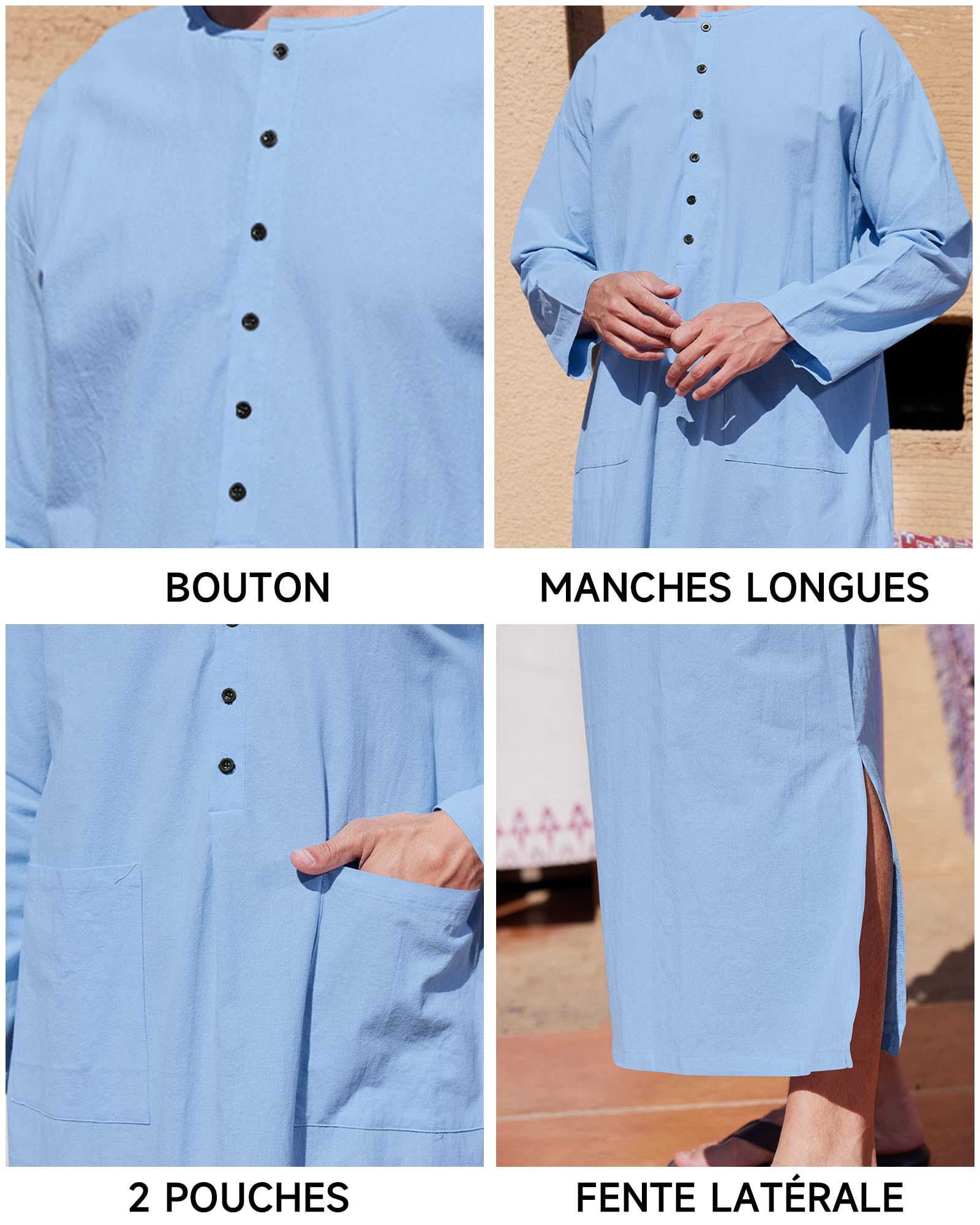 YAOHUOLE Hommes Coton Lin Caftan Robes Musulmanes pour Homme Men Casual Kaftan Thobe