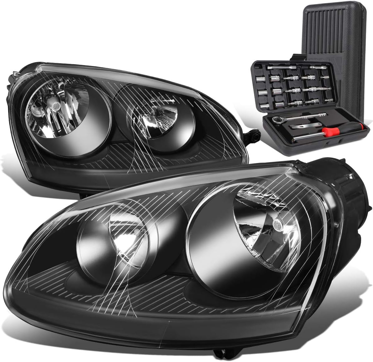 Auto Dynasty Black Housing Headlight Head Lamps+Tool Kit Compatible with VW Jetta Rabblit 05-10