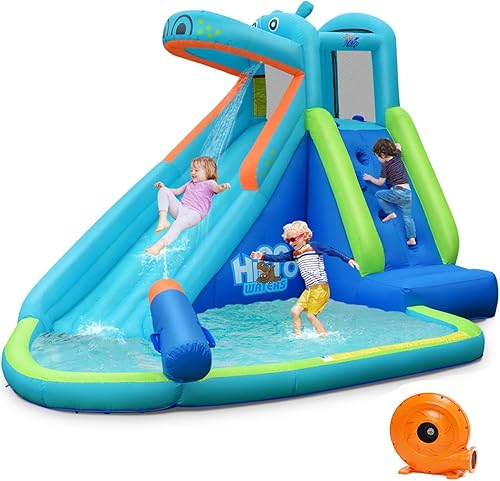 BOUNTECH - Tobogán acuático inflable, parque de toboganes acuáticos con temática de hipopótamo para niños y adultos, diversión al aire libre con