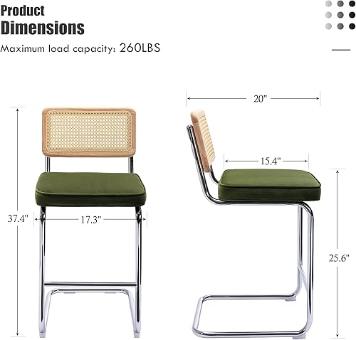 Miniatura 10 de Flouki Taburete de barra de caña, taburetes de bar de ratán, marco de madera maciza con respaldo de ratán natural, base de metal, para isla de