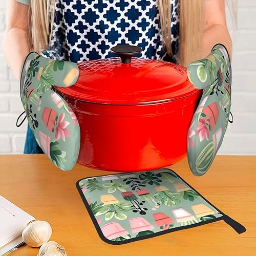 Miniatura 7 de Juego de 3 manoplas de horno y soportes para ollas Bonsái para plantas, guantes de cocina antideslizantes para cocinar, hornear y asar a la parrilla