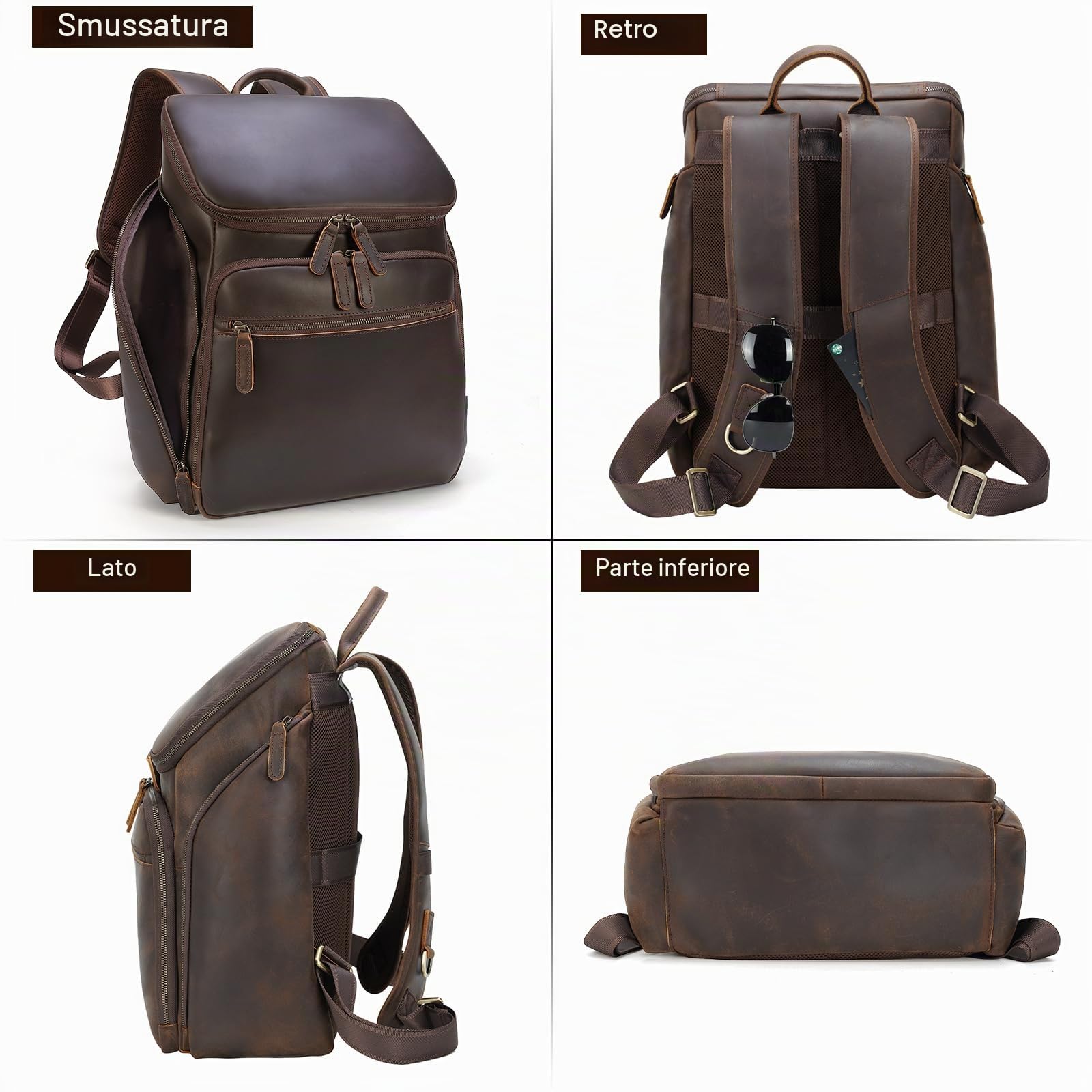 TIDING Grande Zaino da Viaggio Uomo con Porta Laptop 15.6 Pollici in Vera Pelle Vintage Zaino Business per Escursionismo e Trekking, Marrone