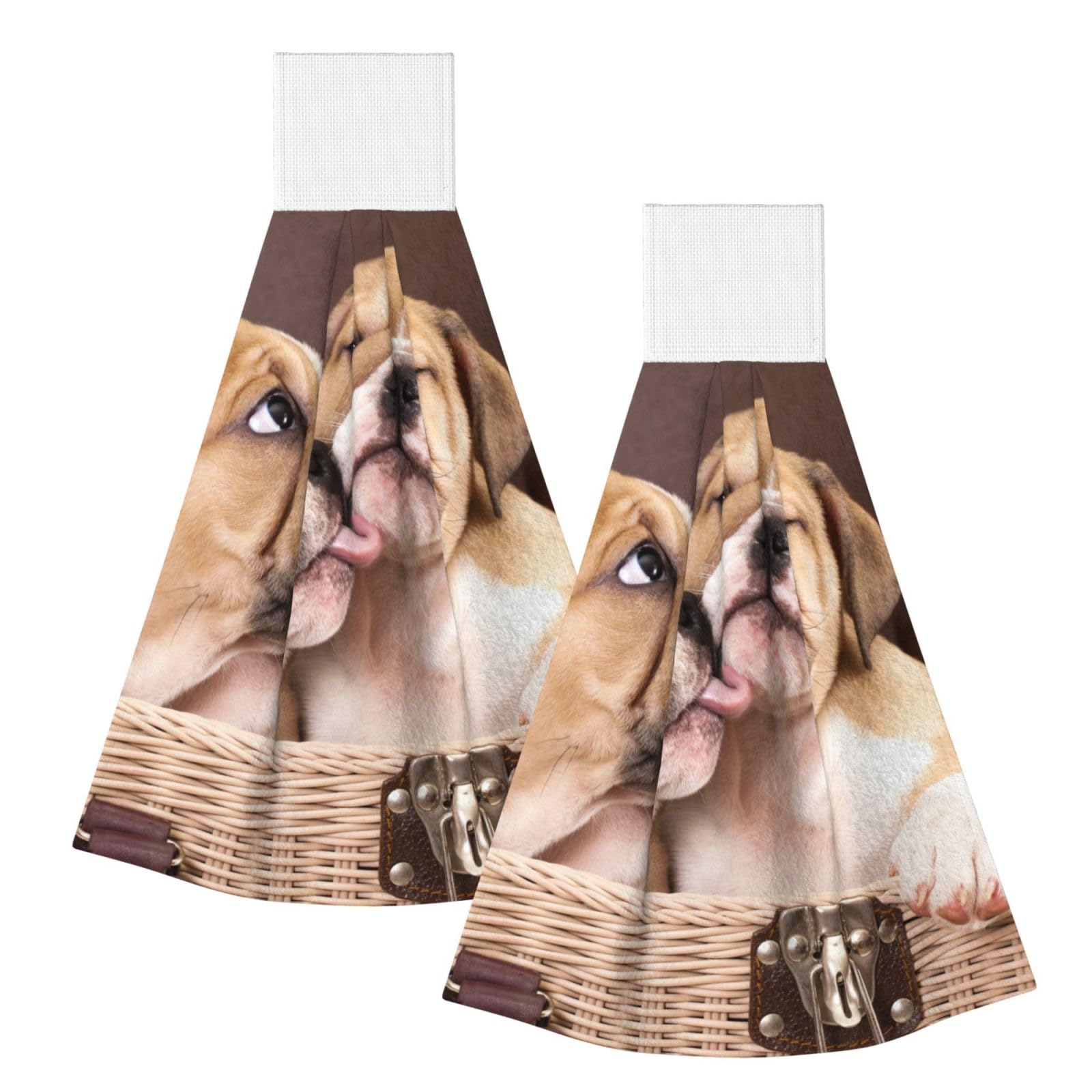 DOPKLNA Kiss English Bulldog Puppies, 2 Pcs Hanging Coral Fiber Hand Towels for Bathroom, Absorbent Kitchen Towels