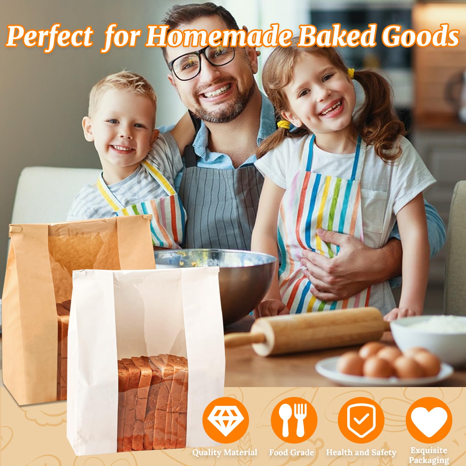 100 bolsas de pan de papel kraft para pan casero, bolsas grandes de pan de masa madre con ventana transparente, bolsa de pan con cierre de pestaña de estaño para galletas, pasteles, aperitivos y