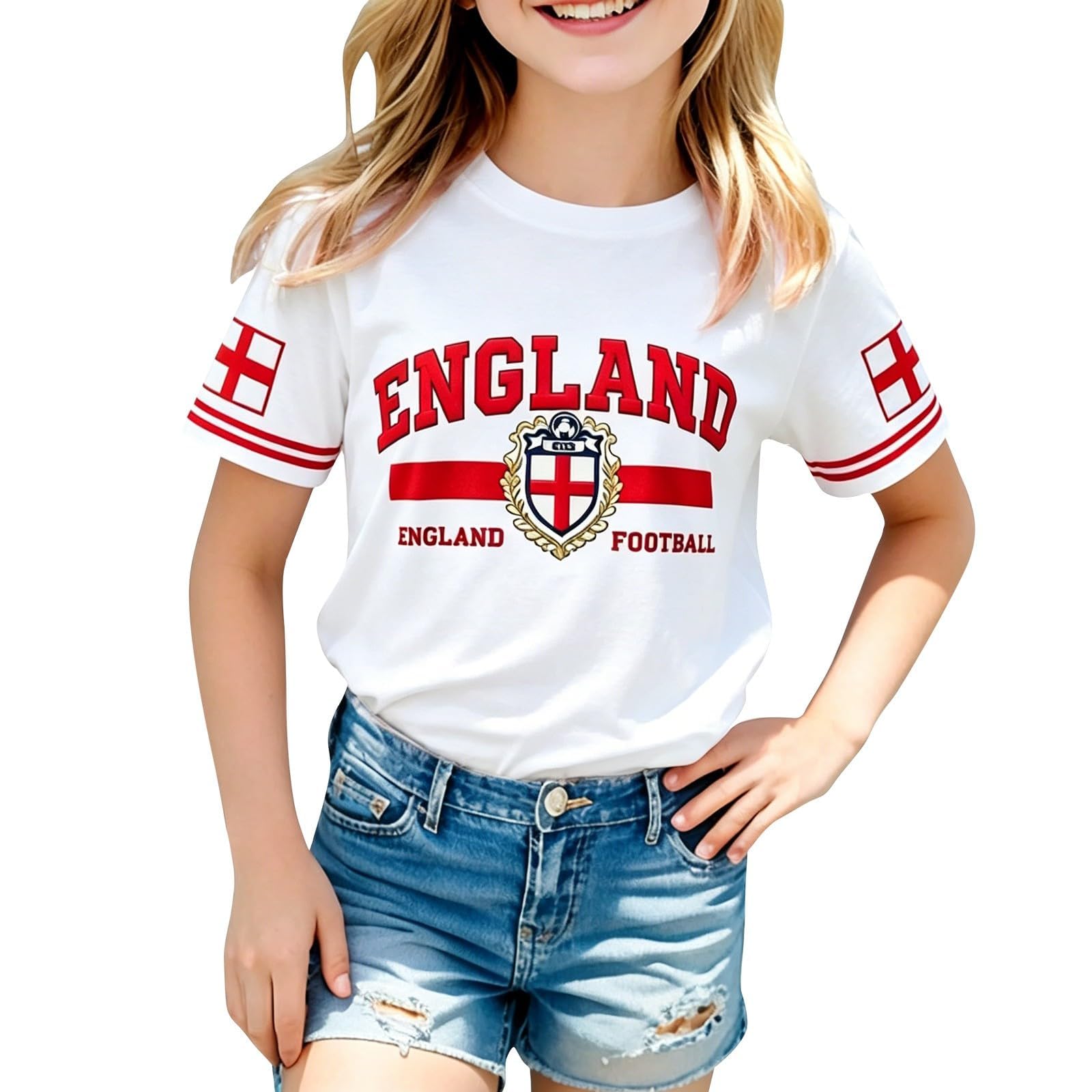England Football Shirt Kids Boys Girls Jerseys Breathable Short Sleeve England Flag Graphic Tee Retro Crew Neck Outdoor Training Sports Tops (White, 6-7 Years)