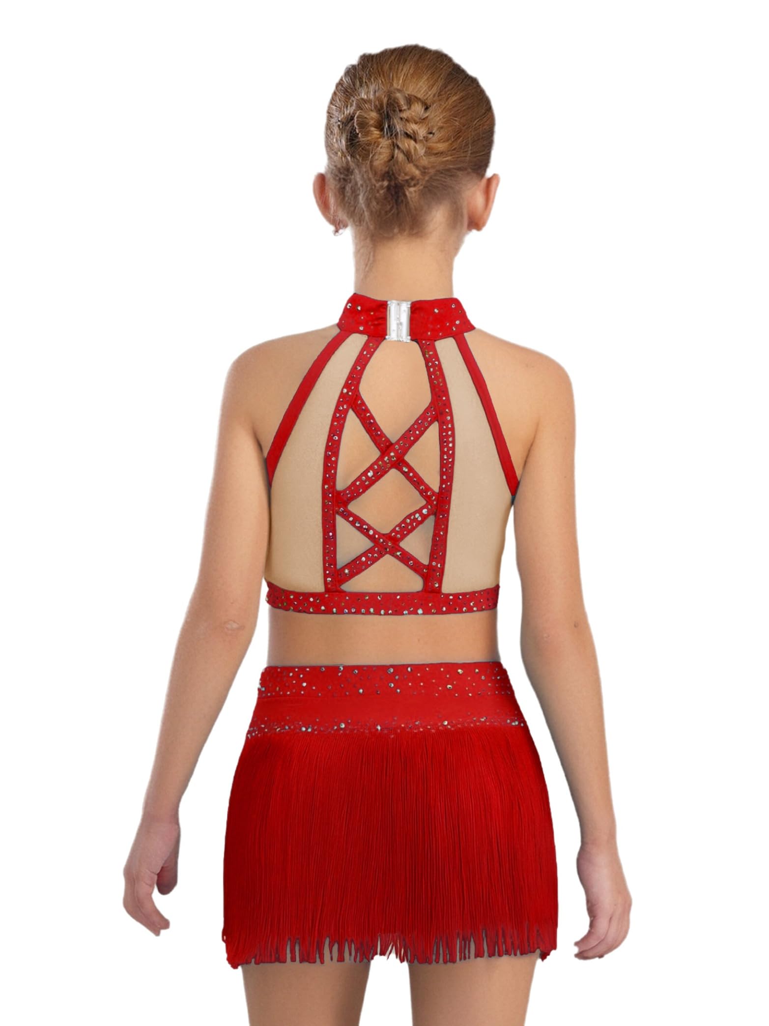 Abito da danza latina ragazza senza maniche abito da ballo strass glitter top corto senza pancia con frange nappe gonna avvolgente per spettacolo sul palco