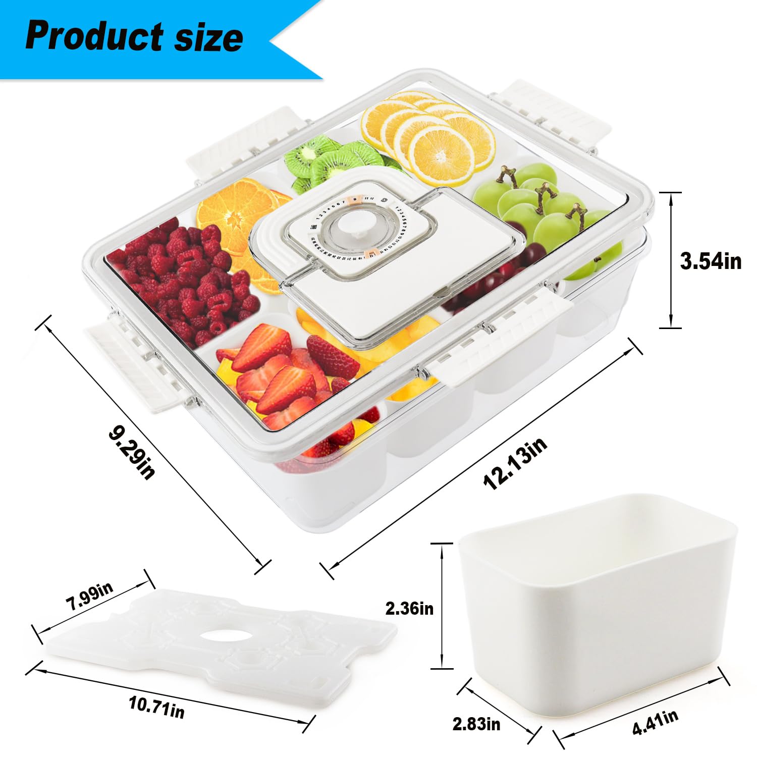 Snackle Box Container Mit Eisbeutel, Geteiltes Serviertablett Mit Deckel und Griff, Charcuterie Board für Tragbare Snack Platten Cream Organizer für Obst Snacks, für Party (1, Rechteckig mit Eisfach)
