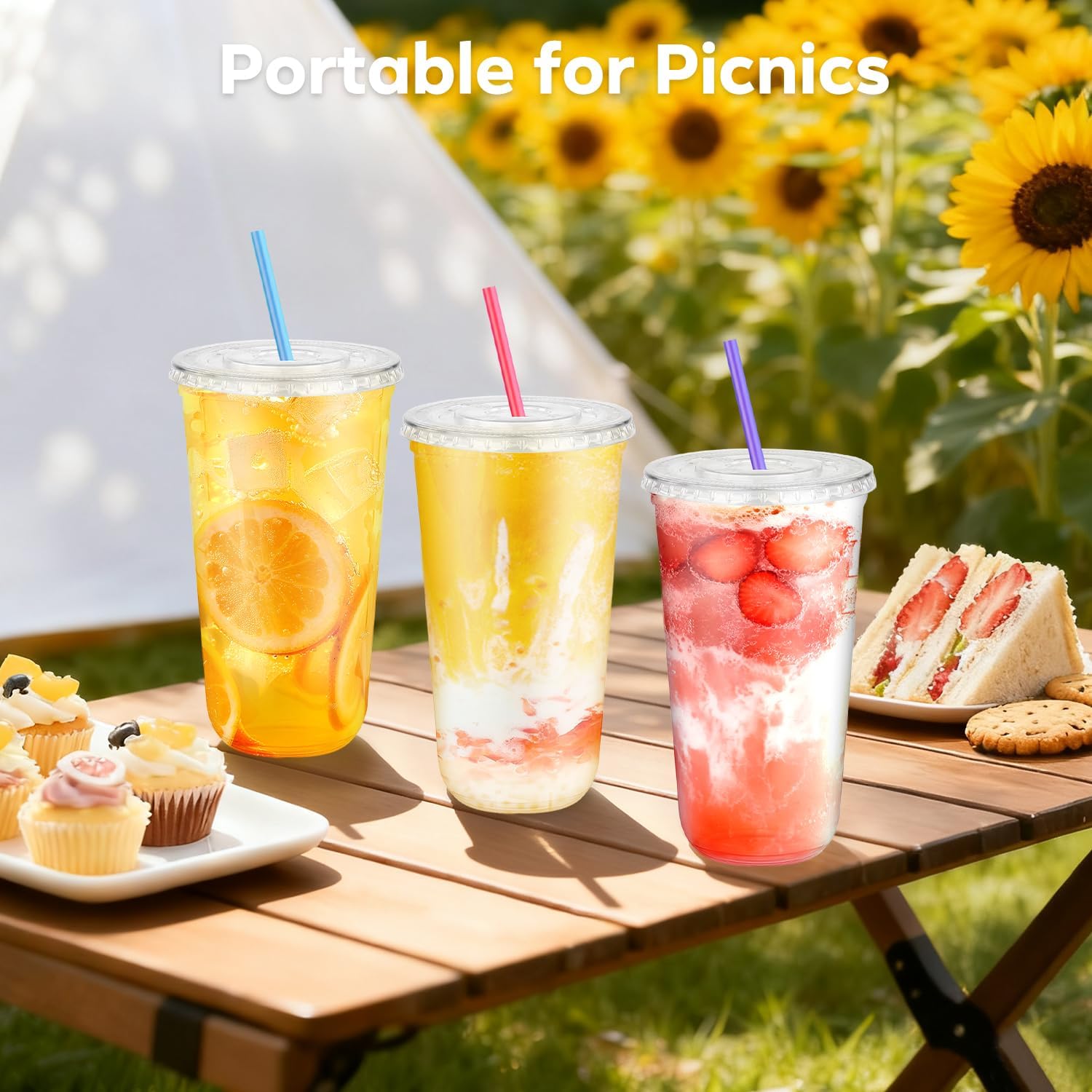 100PCS 20 oz Clear Plastic Cups with Lids and Colorful Straws, Round Bottom Disposable To Go Coffee Smoothie Juice Bubble Tea Cups, PET Party Cups for Holiday, Birthdays, Picnics, Christmas