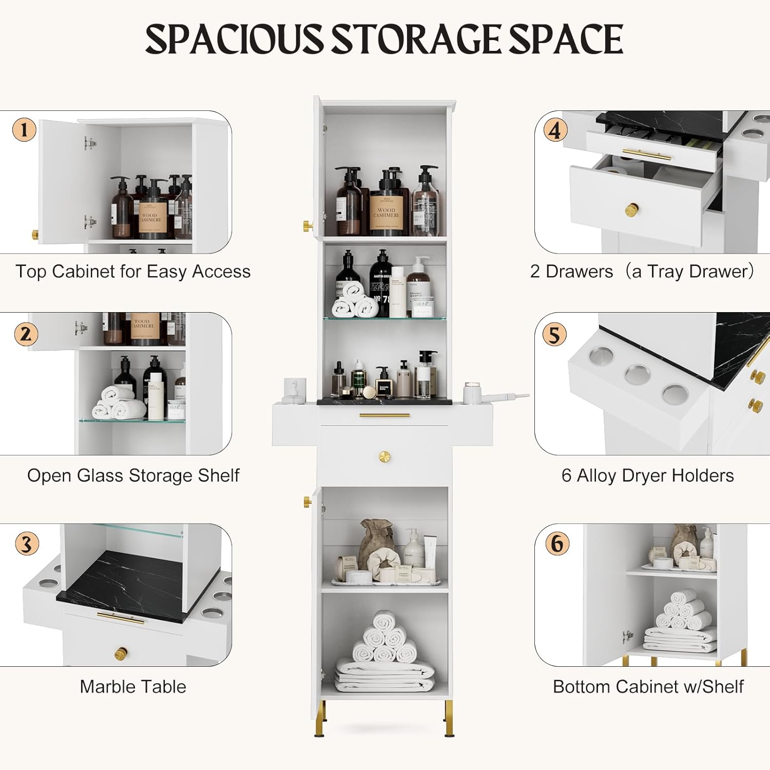 Paddie Barber Station Hair Salon Station, Salon Stations for Hair Stylist, Beauty Salon Spa Equipment w/Glass Shelf, 2 Storage Cabinet & Drawers, 6 Hair Dryer Holders for Hair Styling（White）